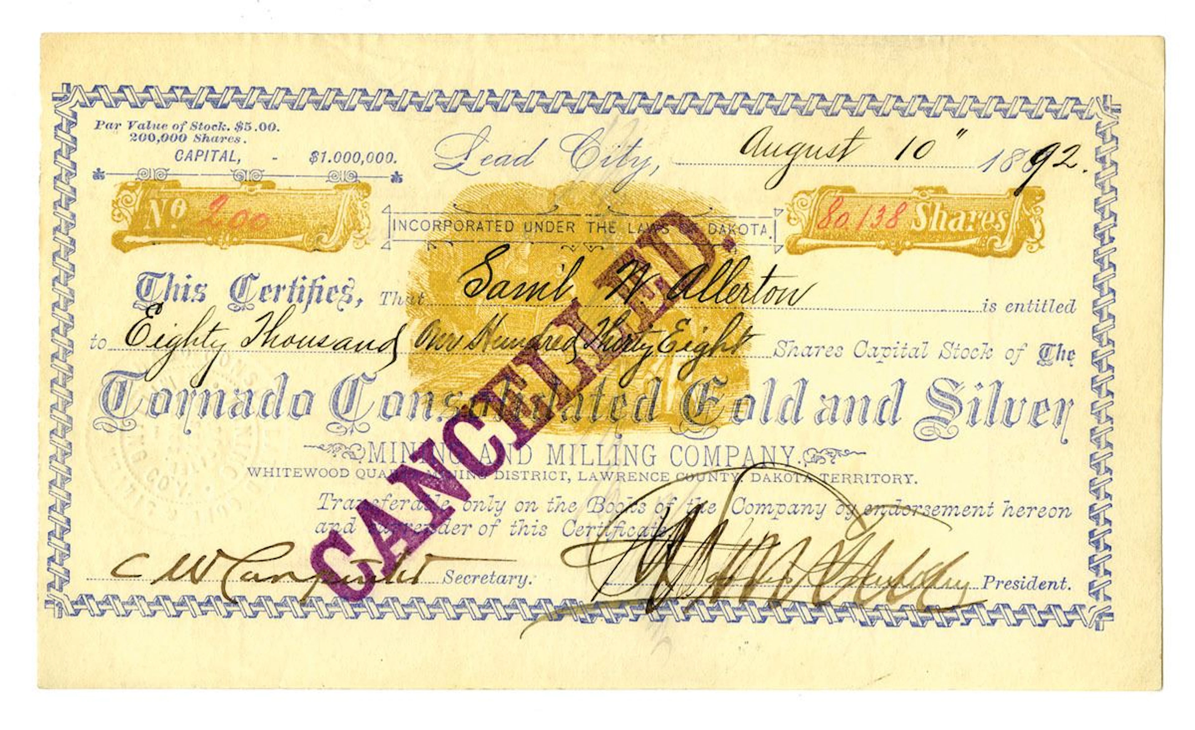 SD. Tornado Consolidated Gold and Silver Mining and Milling Company