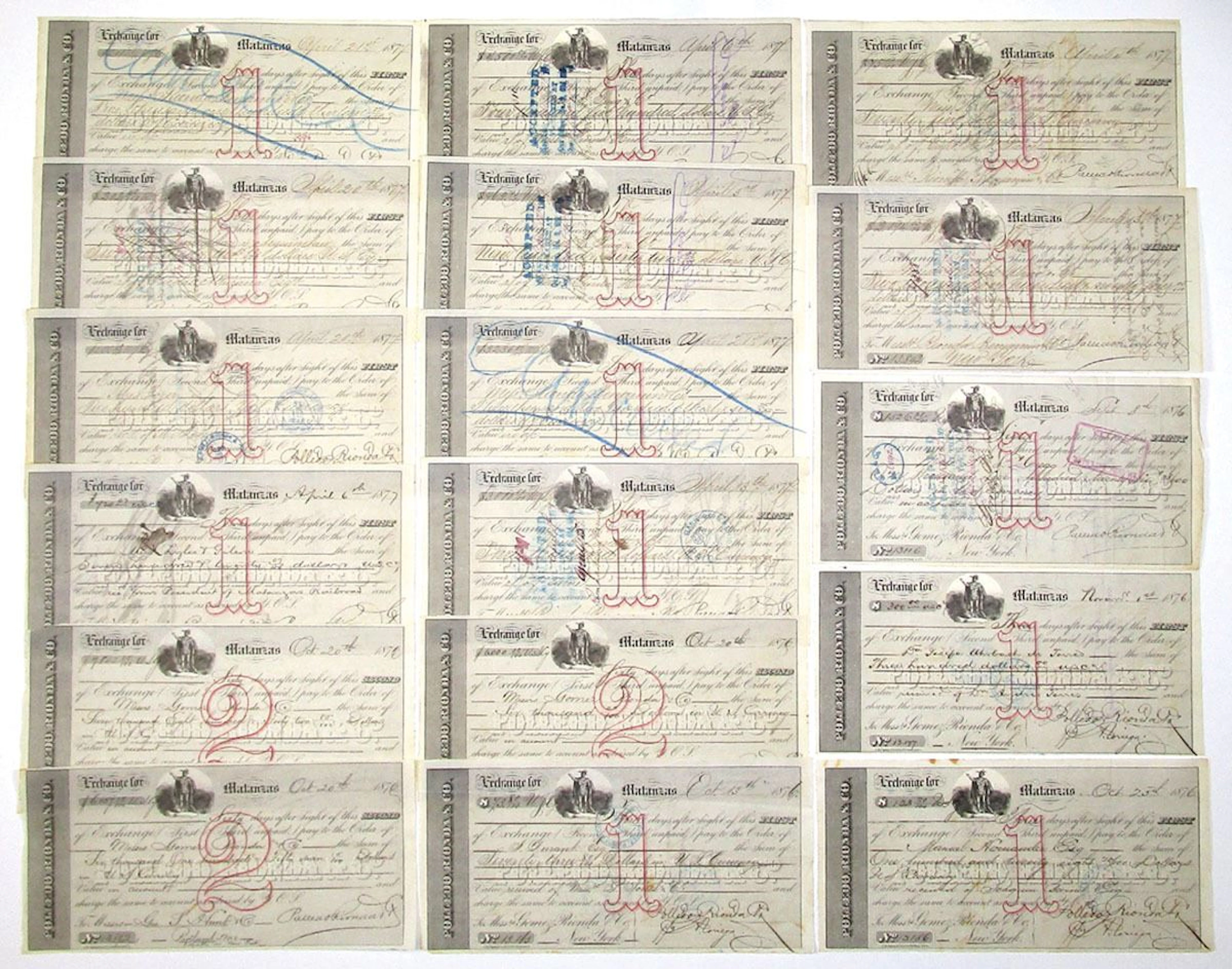 Cuba. Polledo, Rionda & Co., 1876 to 1877, Assortment of Issued Bill