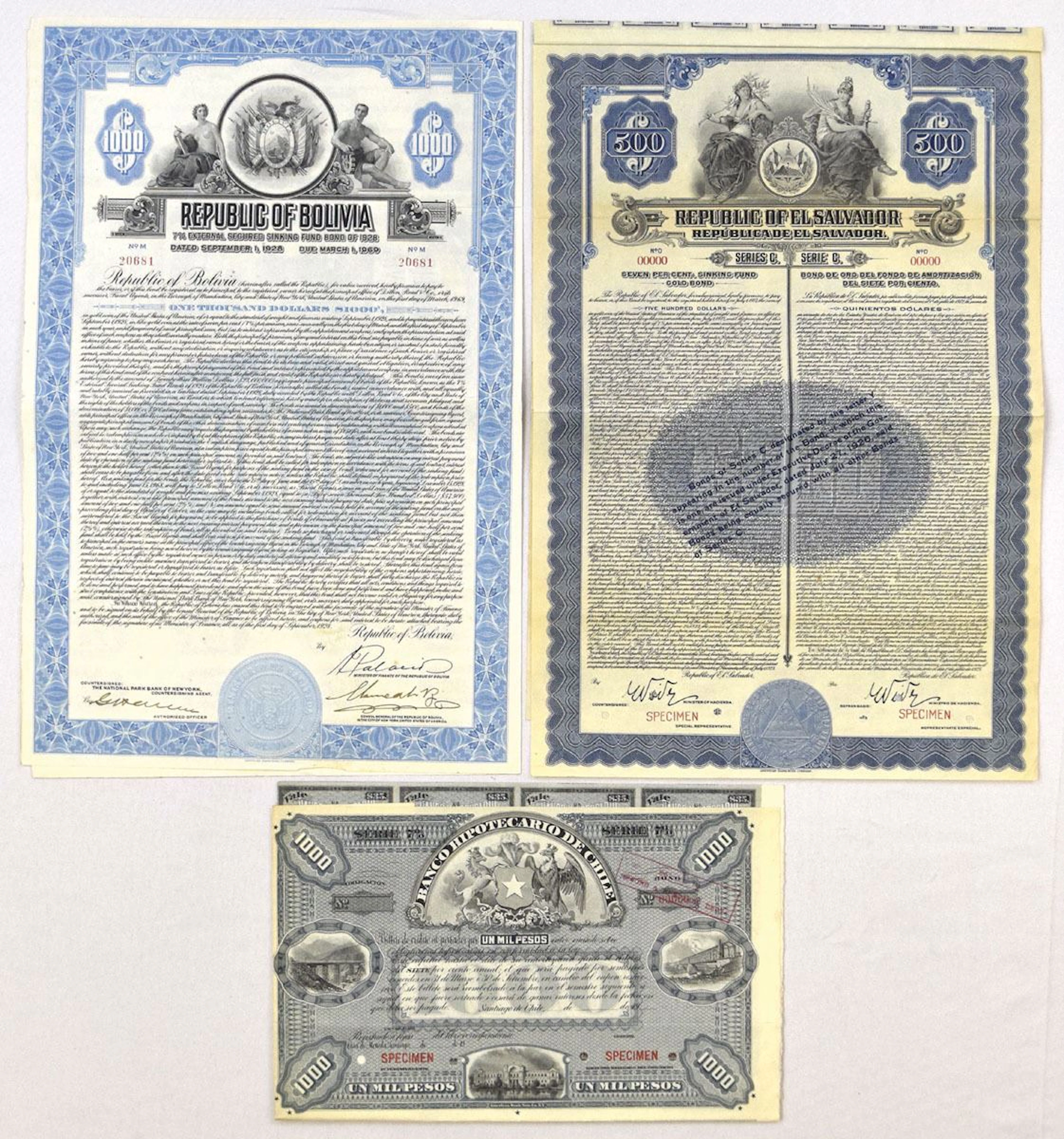 Bolivia, El Salvador & Chile Specimen Coupon Bond Trio, 1900 to 1928.
