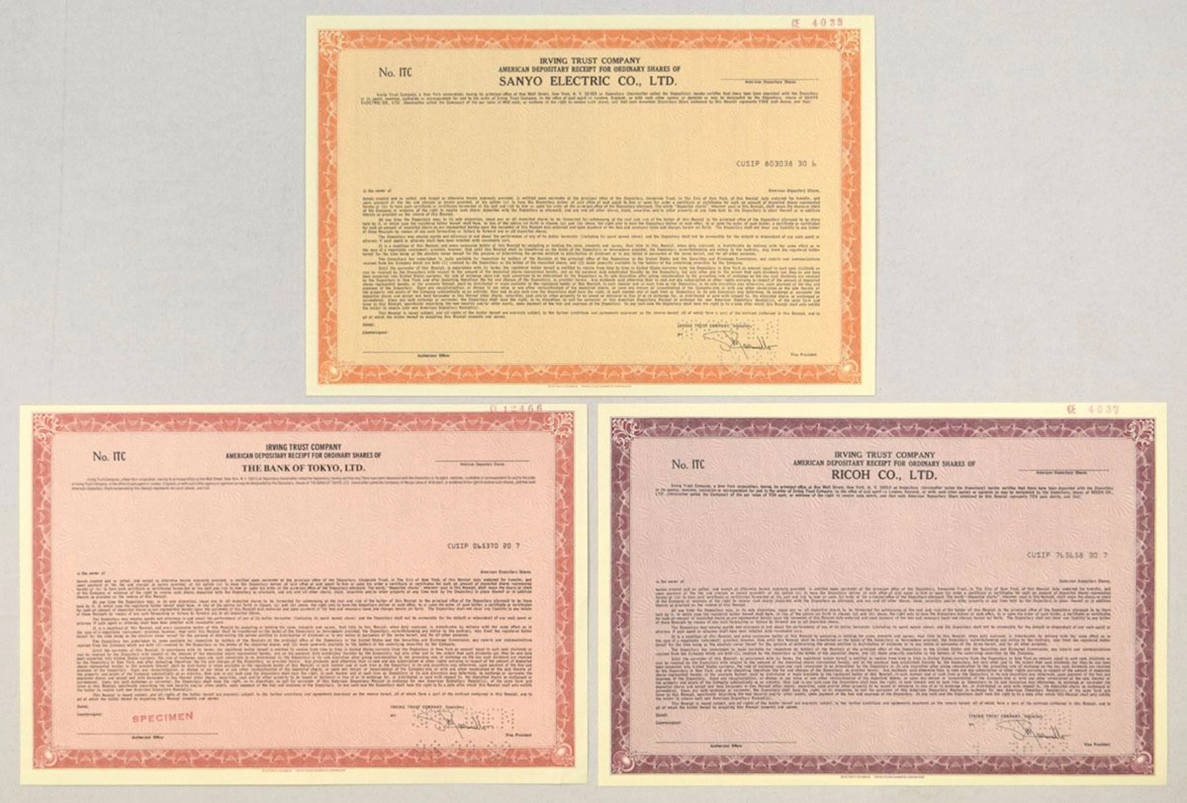 Japanese Specimen ADR, 1987 to 1988, Banking, Camera & Electronics