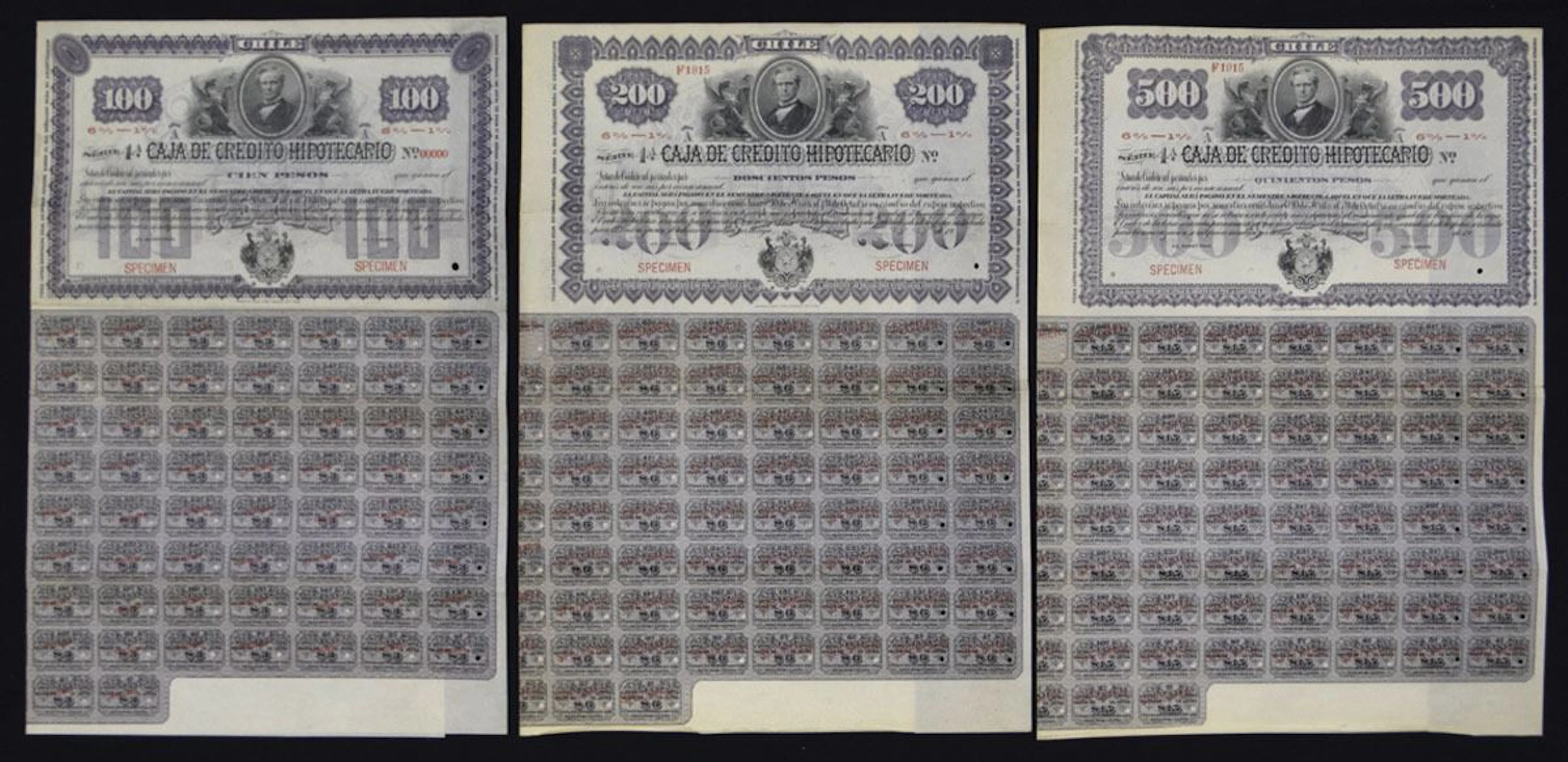 Chile. Caja de Credito Hipotecario, ca.1900, Specimen Coupon Bond Trio.