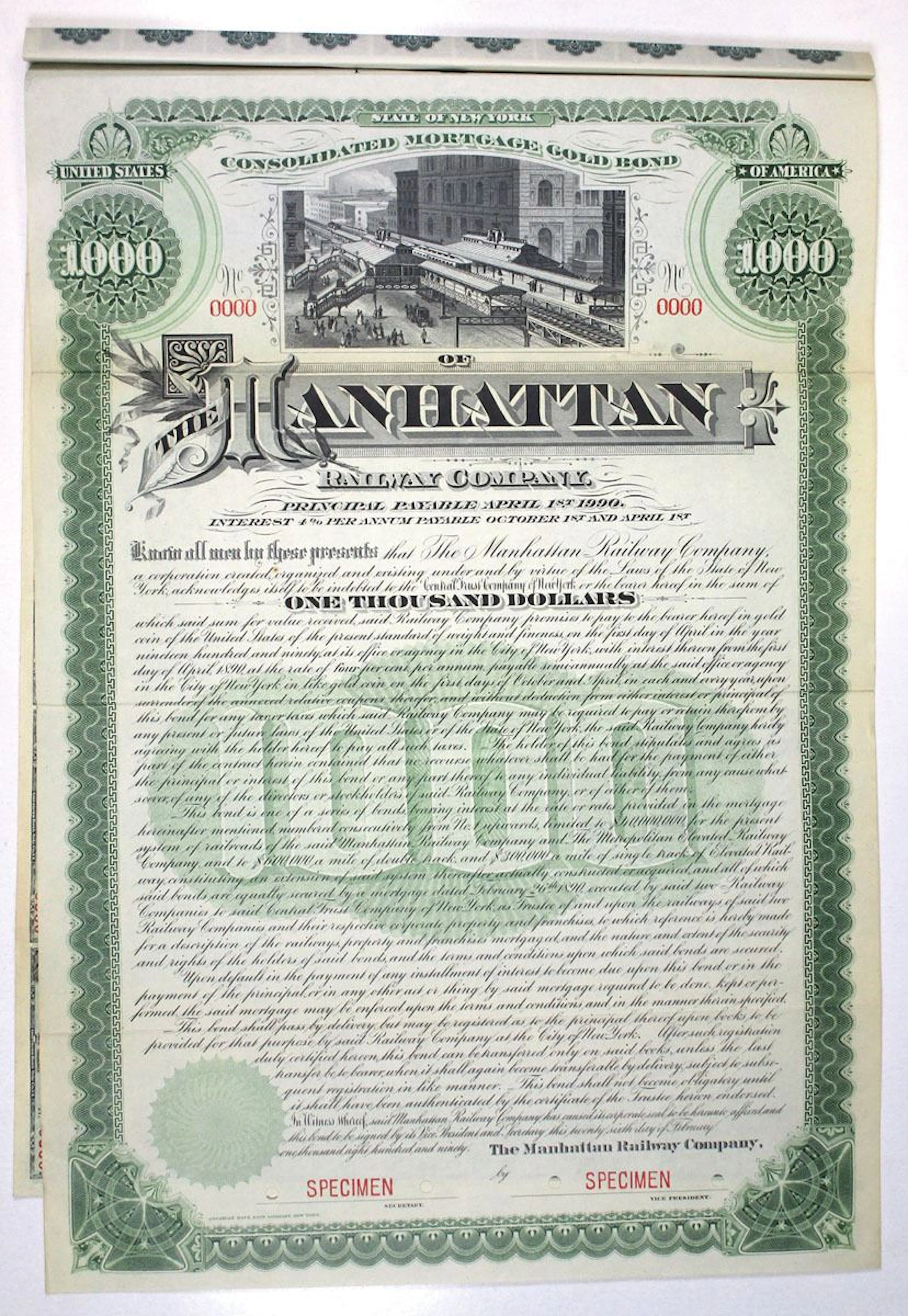 NY. Manhattan Railway Co., 1890, Specimen Gold Coupon Bond.