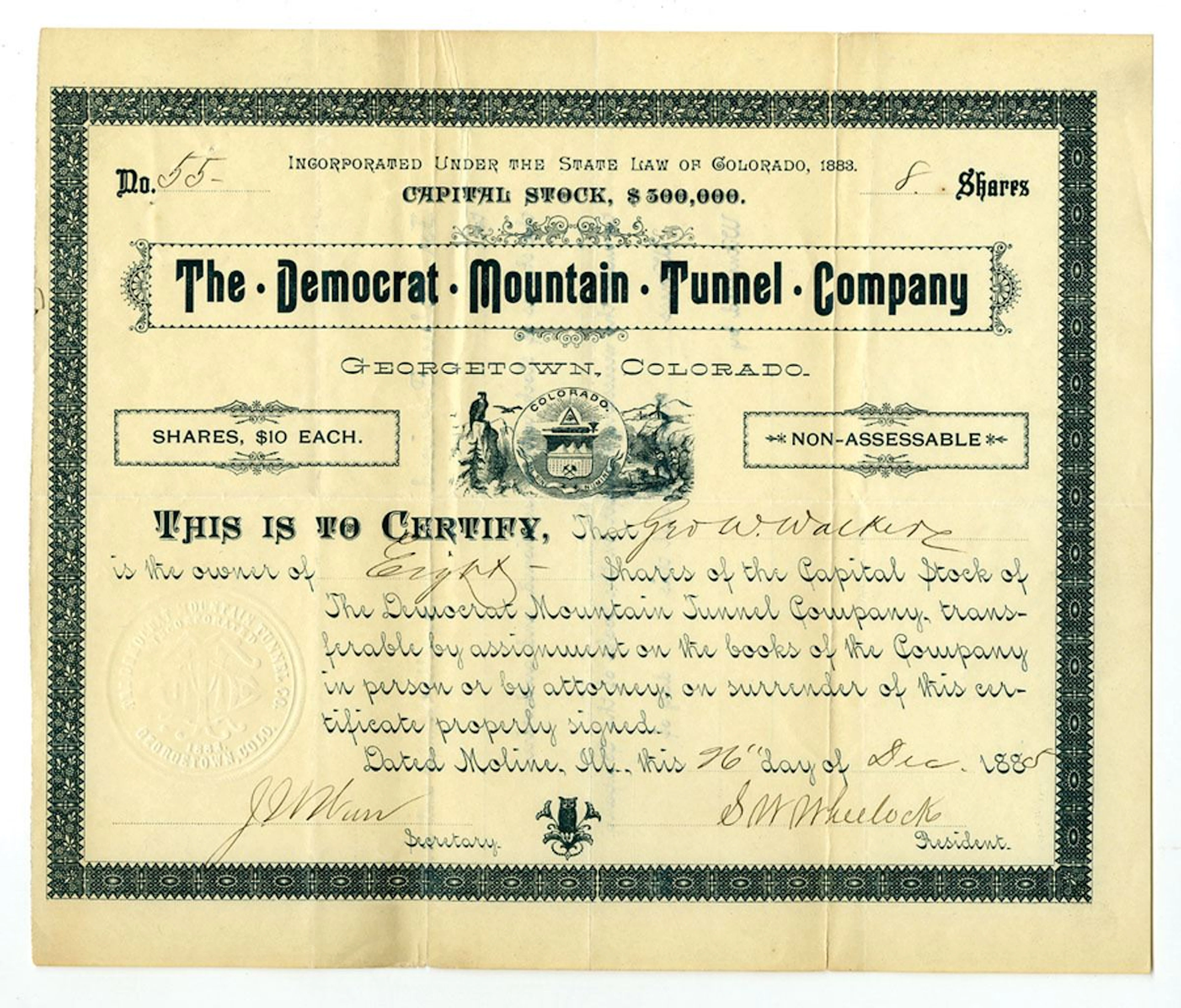 CO. Democrat Mountain Tunnel Co., 1885, I/U Stock Certificate.