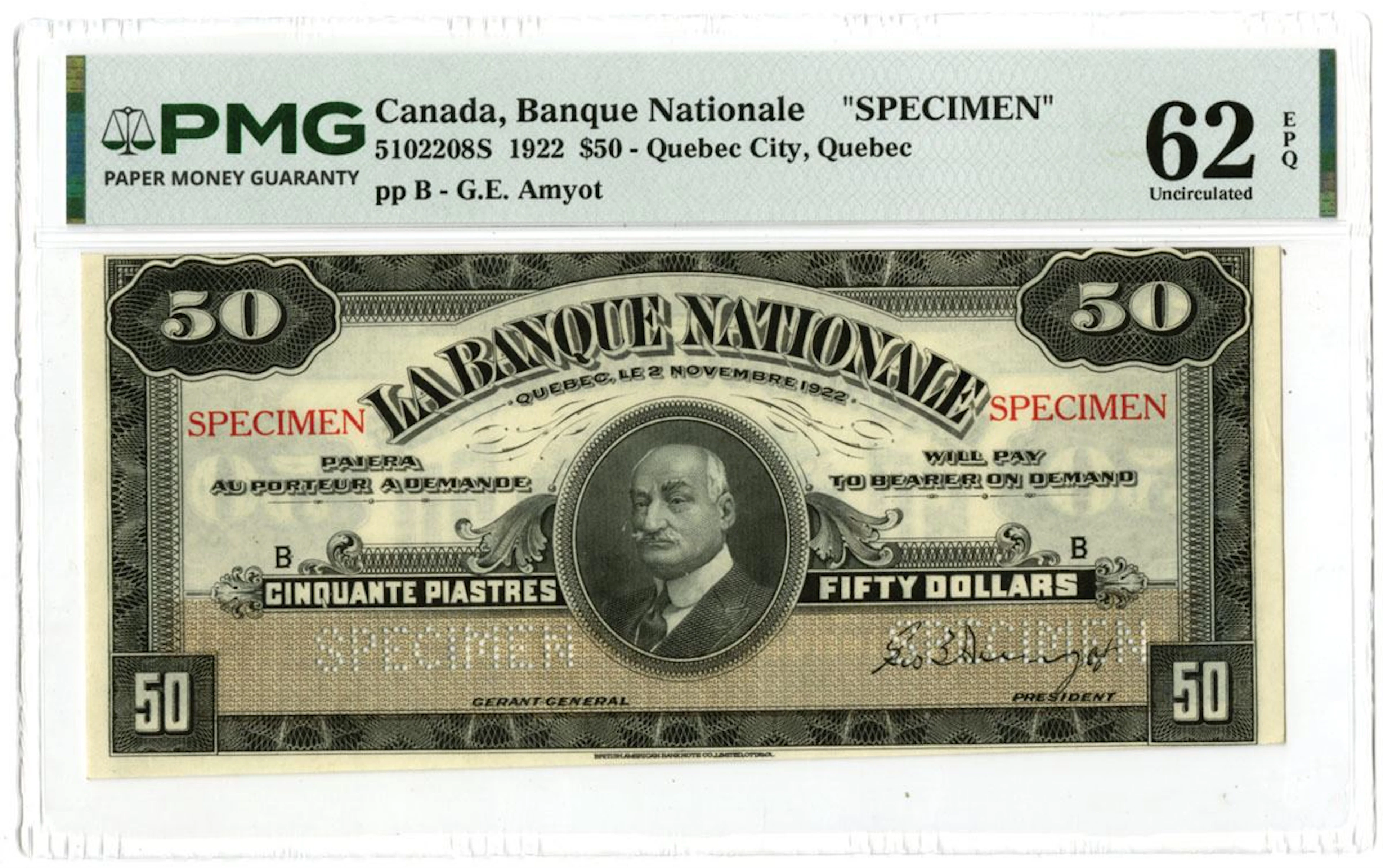 Canada. Banque National - Quebec City, 1922, Specimen Banknote.
