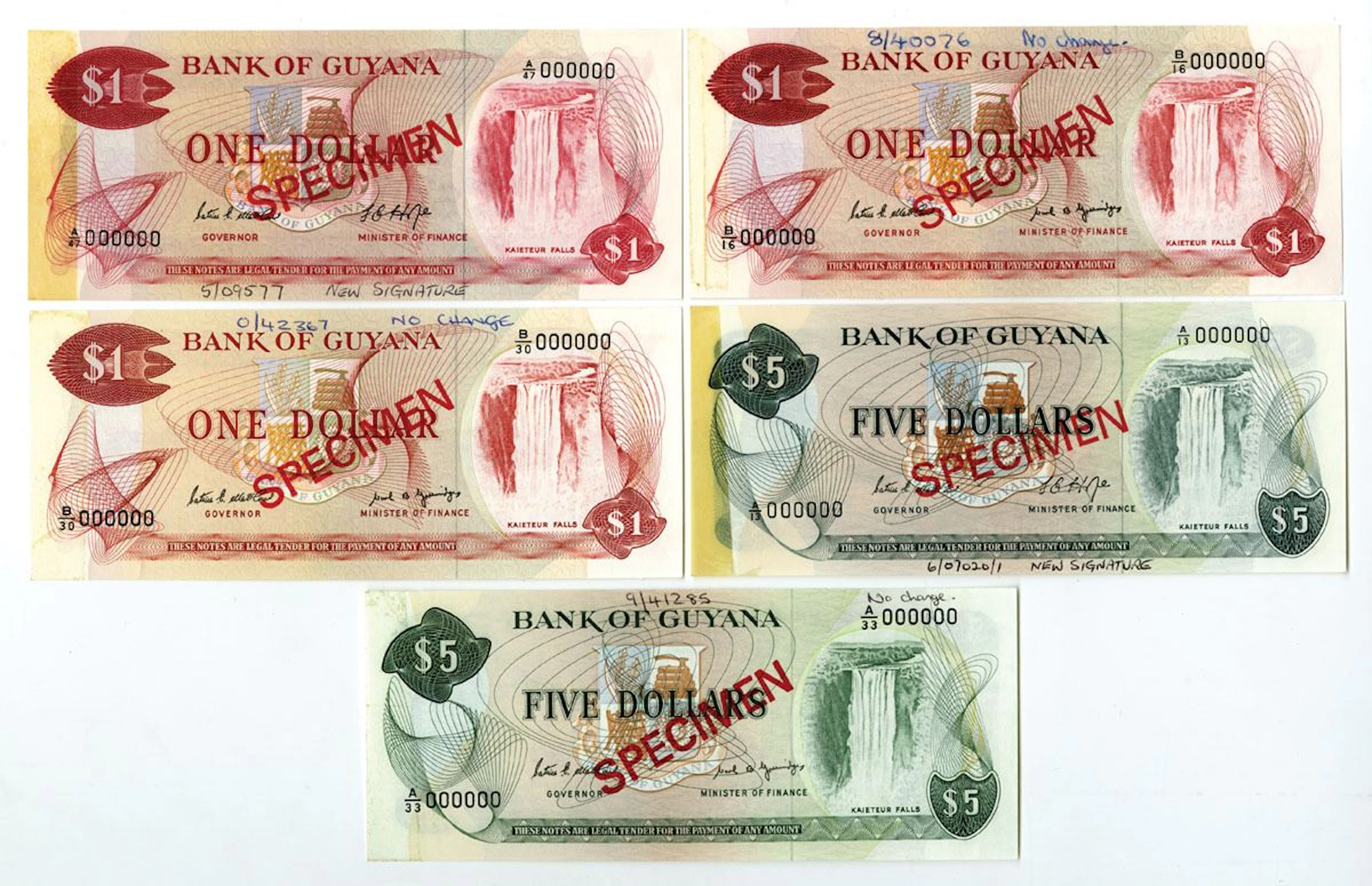 Guyana. Bank of Guyana, ND (1966-1992), Specimen Banknote Quintet