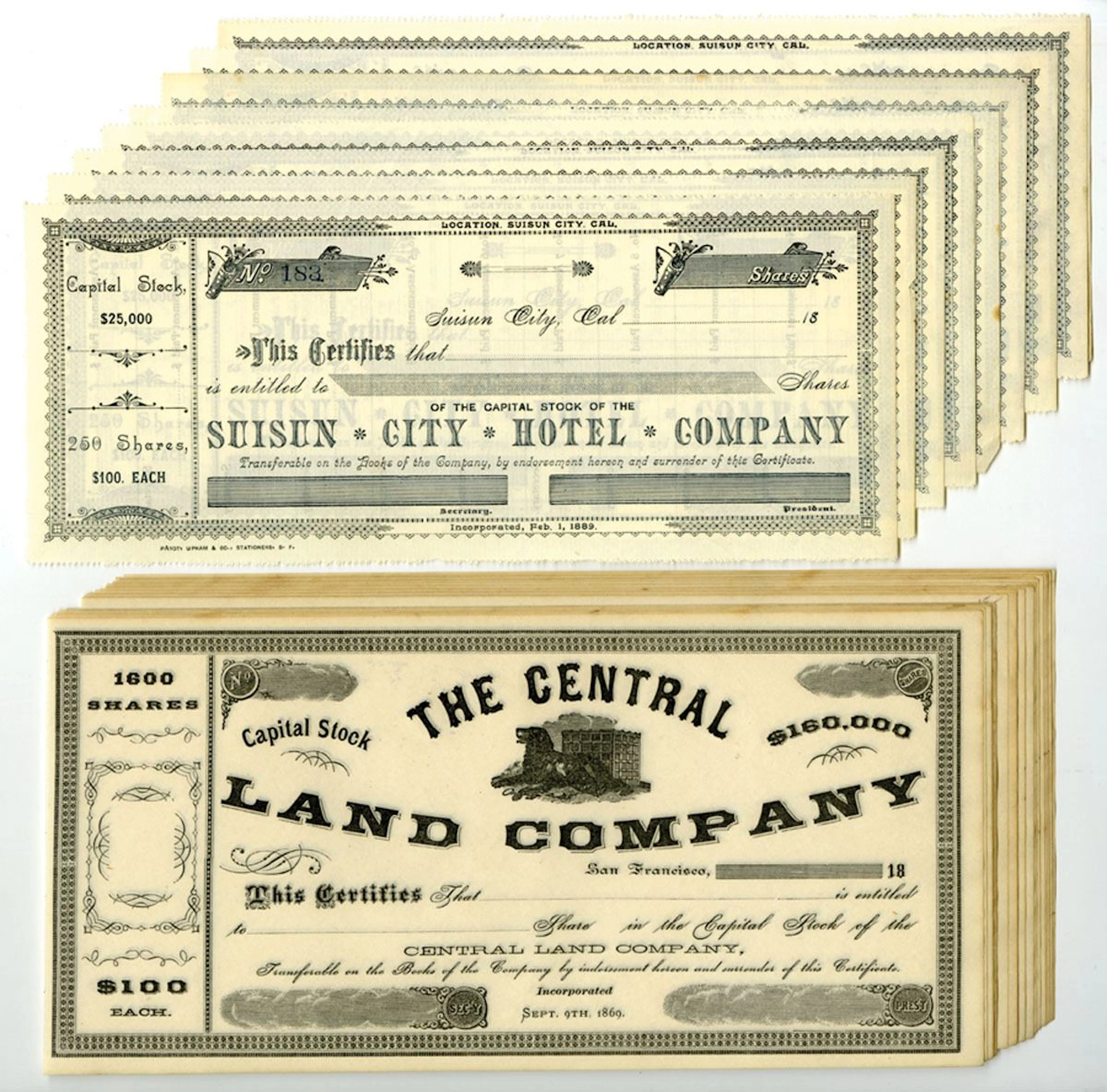 CA. Suisun City Hotel & Central Land Co. Unissued Stock Certificate