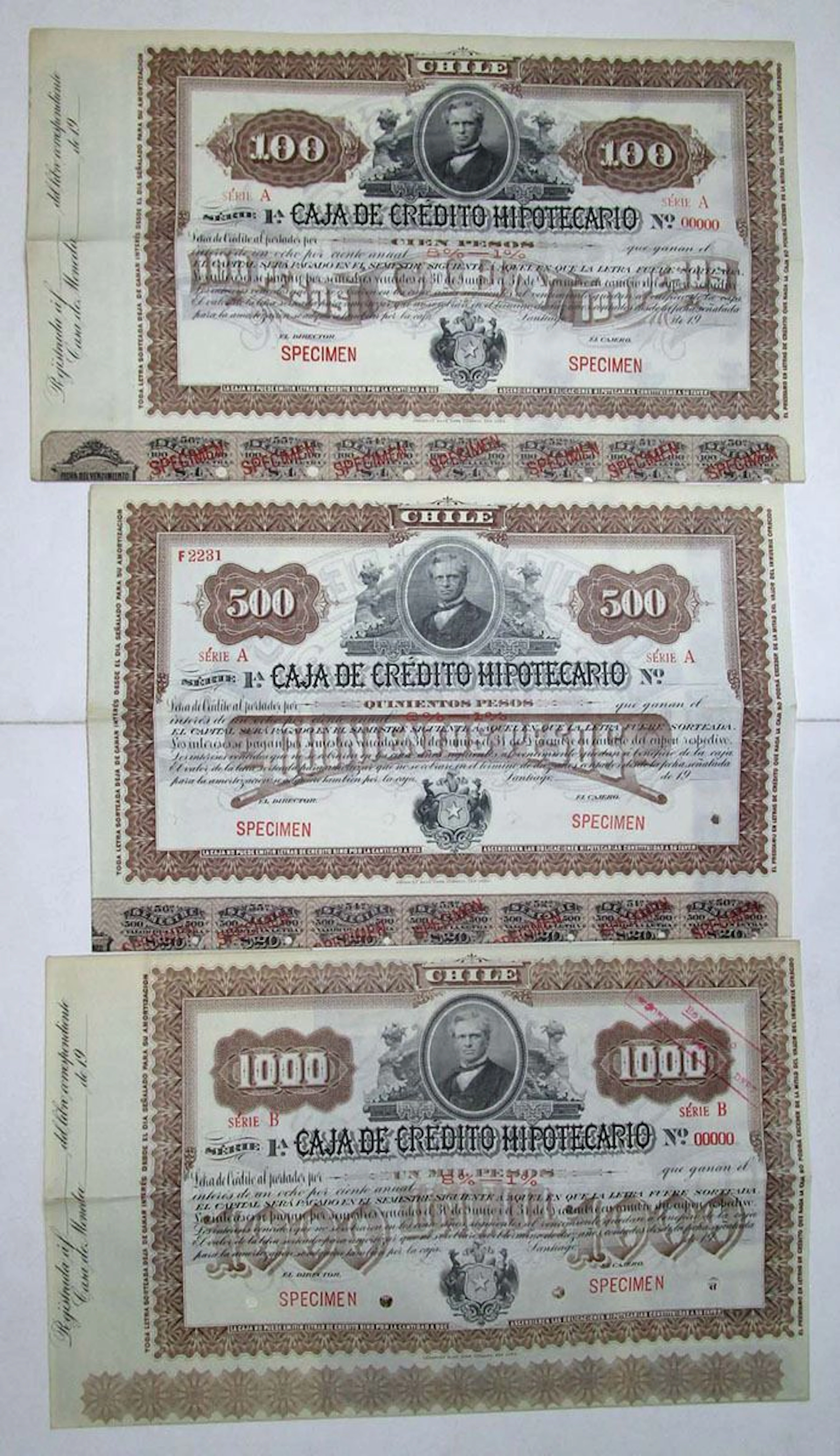 Chile. Caja de Credito Hipotecario, 1900-1910, Specimen 8%-1%, Serie