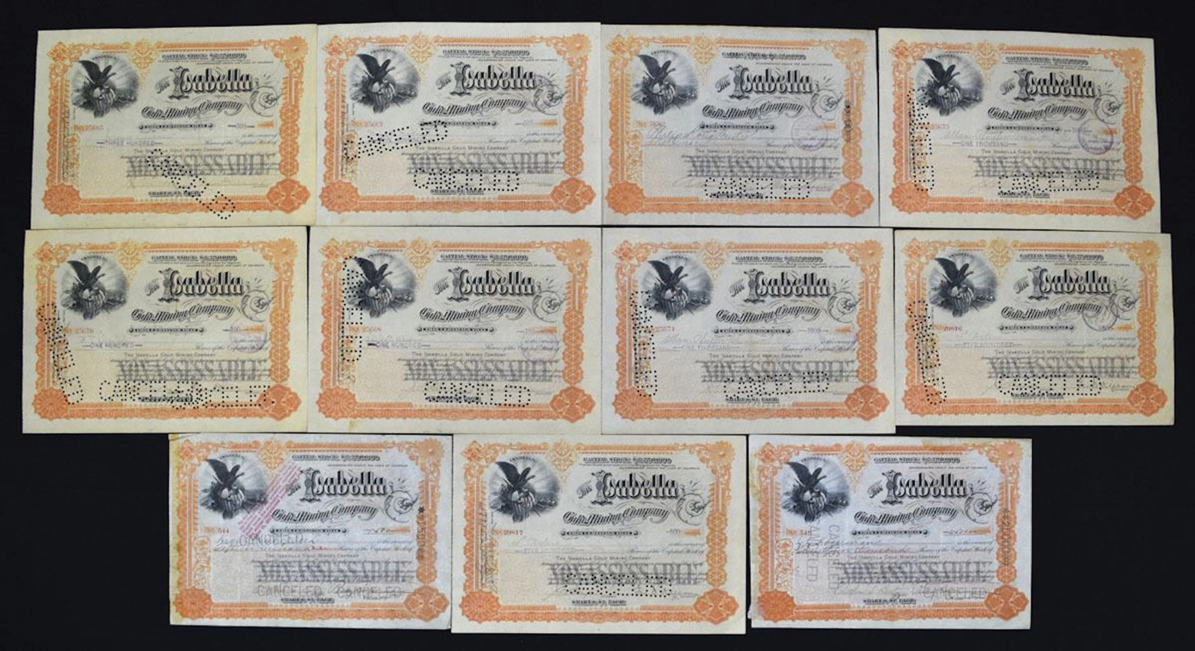 CO. Isabella Gold Mining Co., 1893 to 1901, I/C Stock Certificate Assortment.