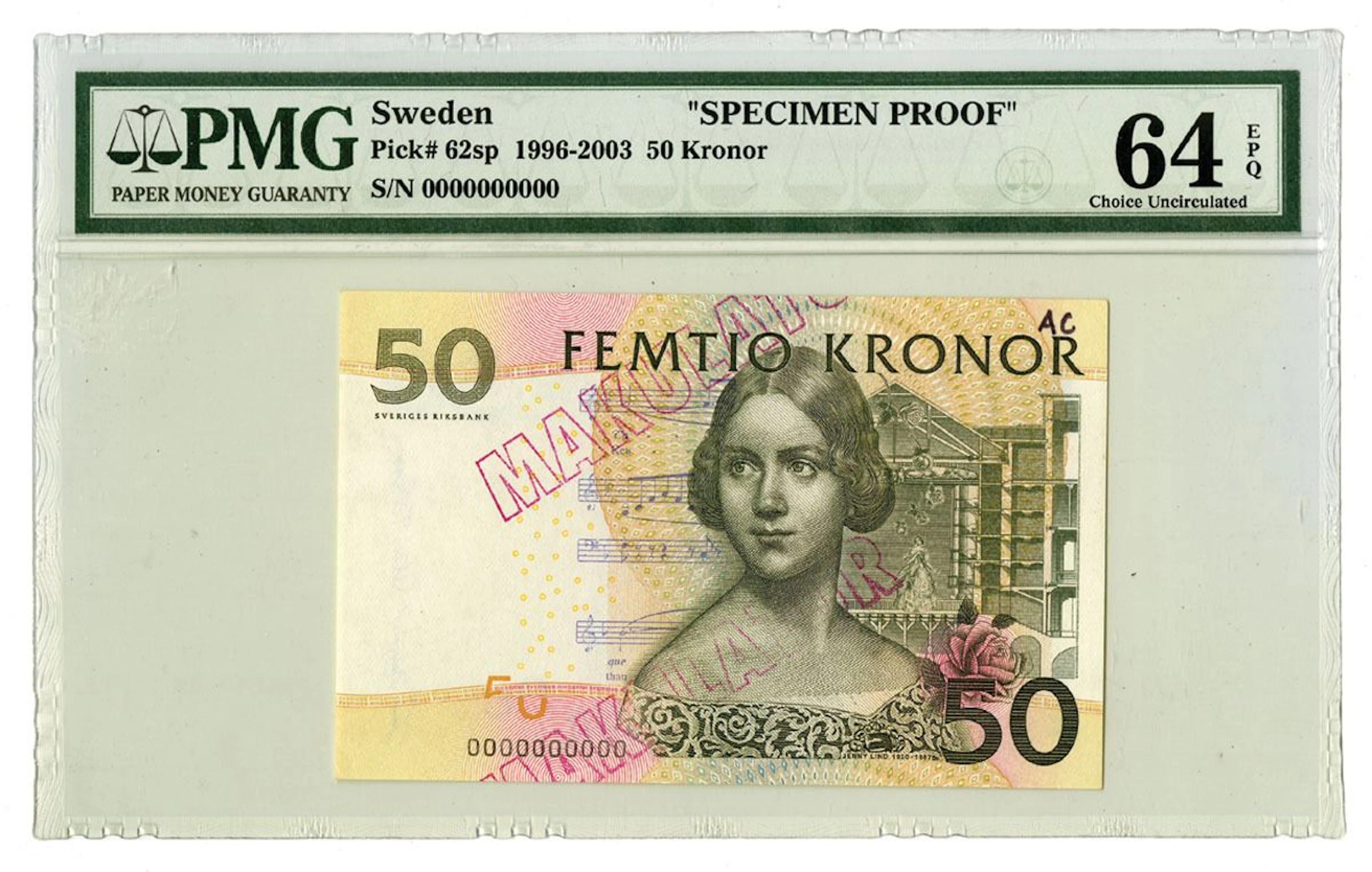 Sweden, Sveriges Riksbank, ND (1996 to 2003), Specimen Proof Banknote.