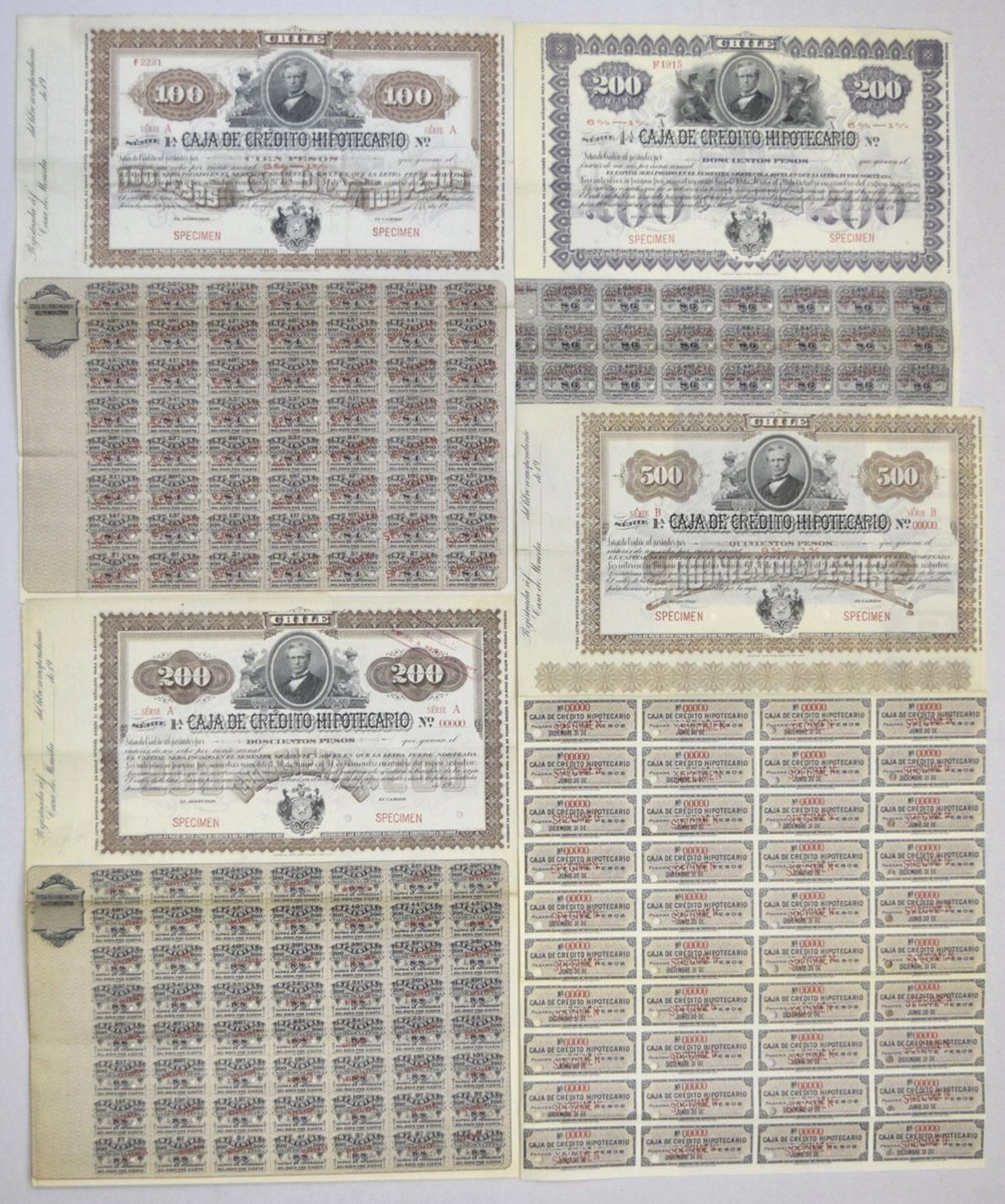 Chile. Caja de Credito Hipotecario, ND (1900 to 1920s), Specimen Bond Quartet.