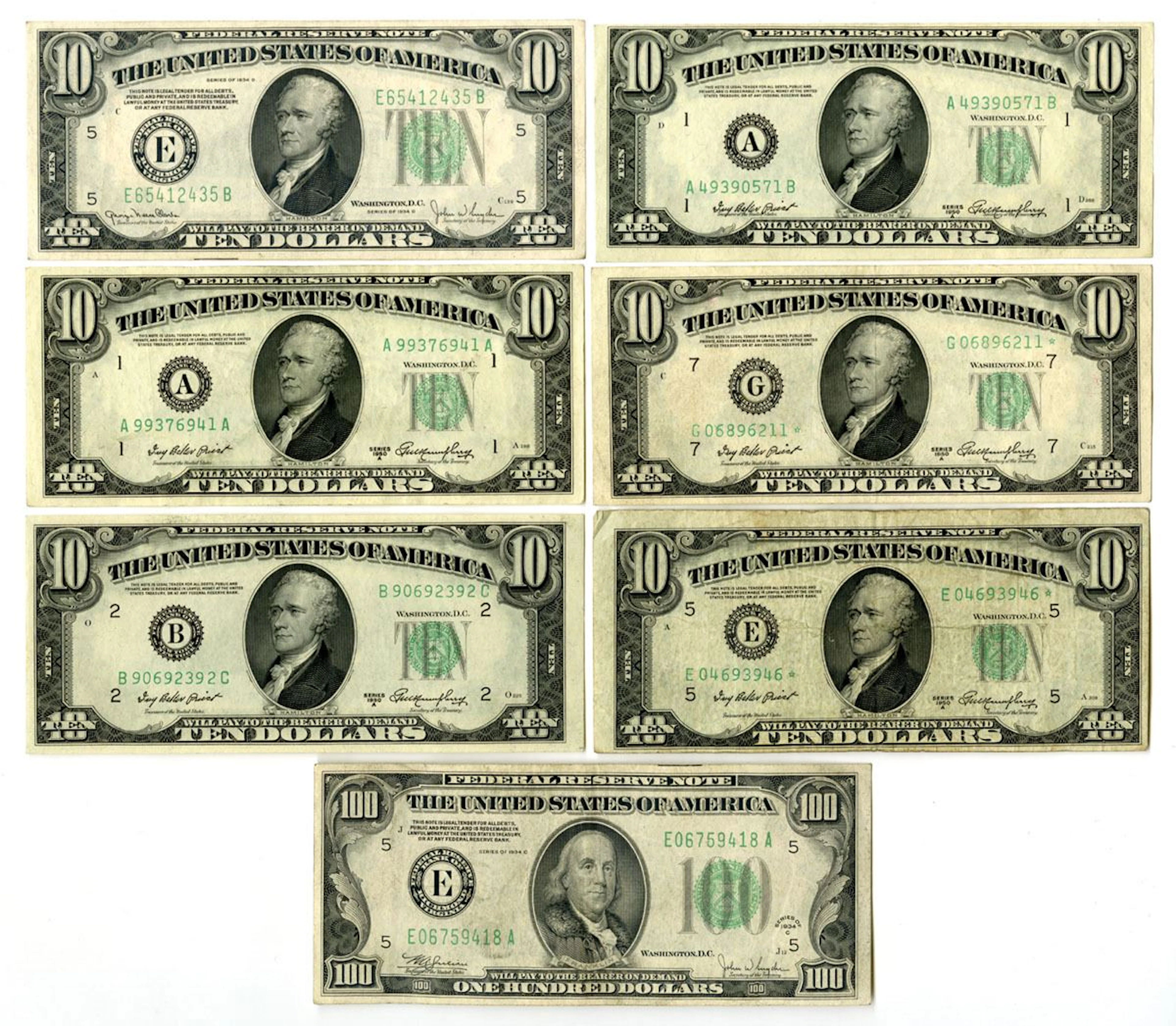 U.S., F.R.N., $10, Series of 1934D, 1950, 1950A and $100 Series 1934C