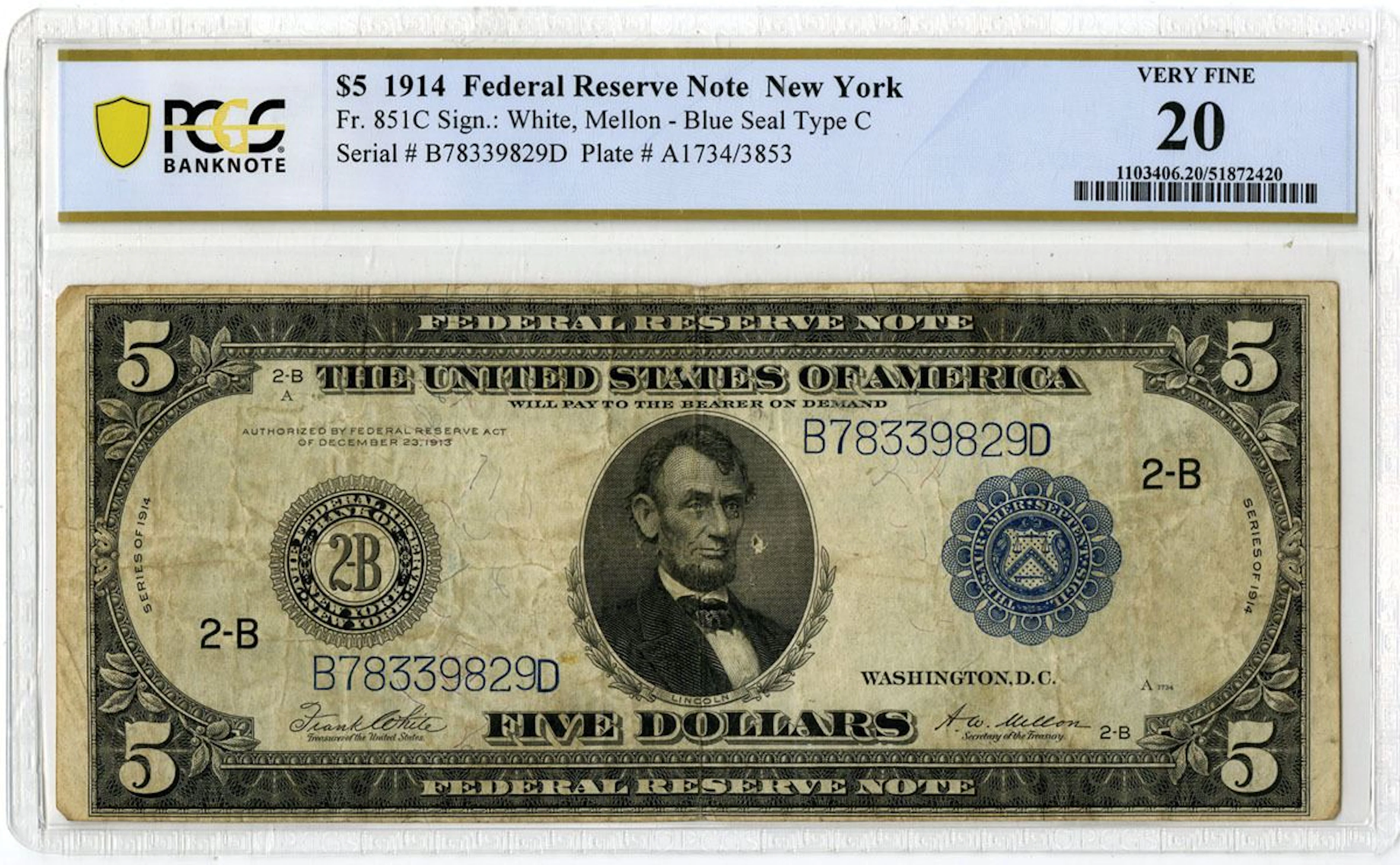 U.S. F.R.N., New York. 1914 $5, Fr.# 851C, Issued Banknote, PCGS Very Fine 20
