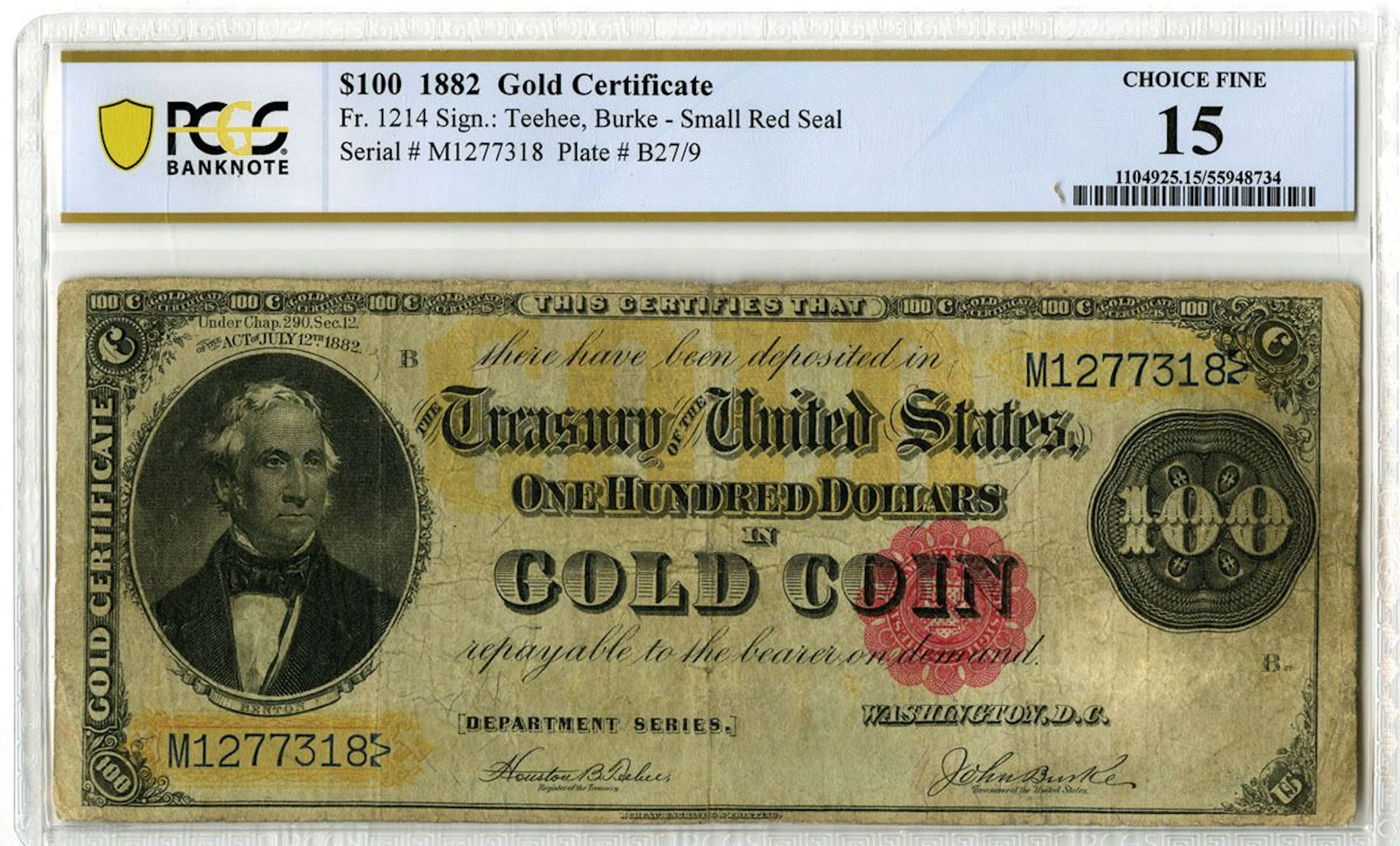 U.S. Gold Certificate. 1882 $100, Fr.# 1214, Issued Banknote, PCGS