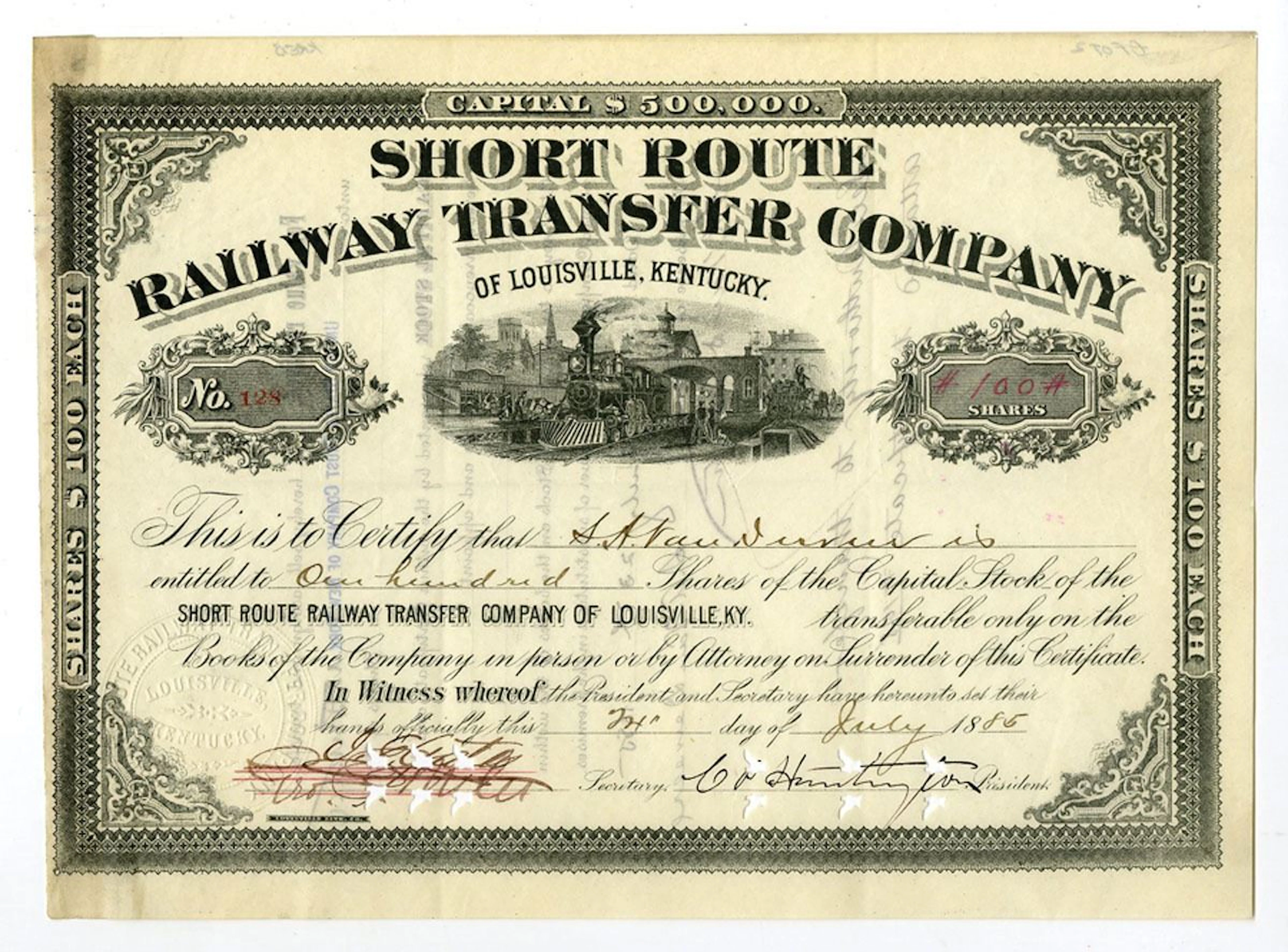 KY. Short Route Railway Transfer Co., 1885, I/C Stock Certificate