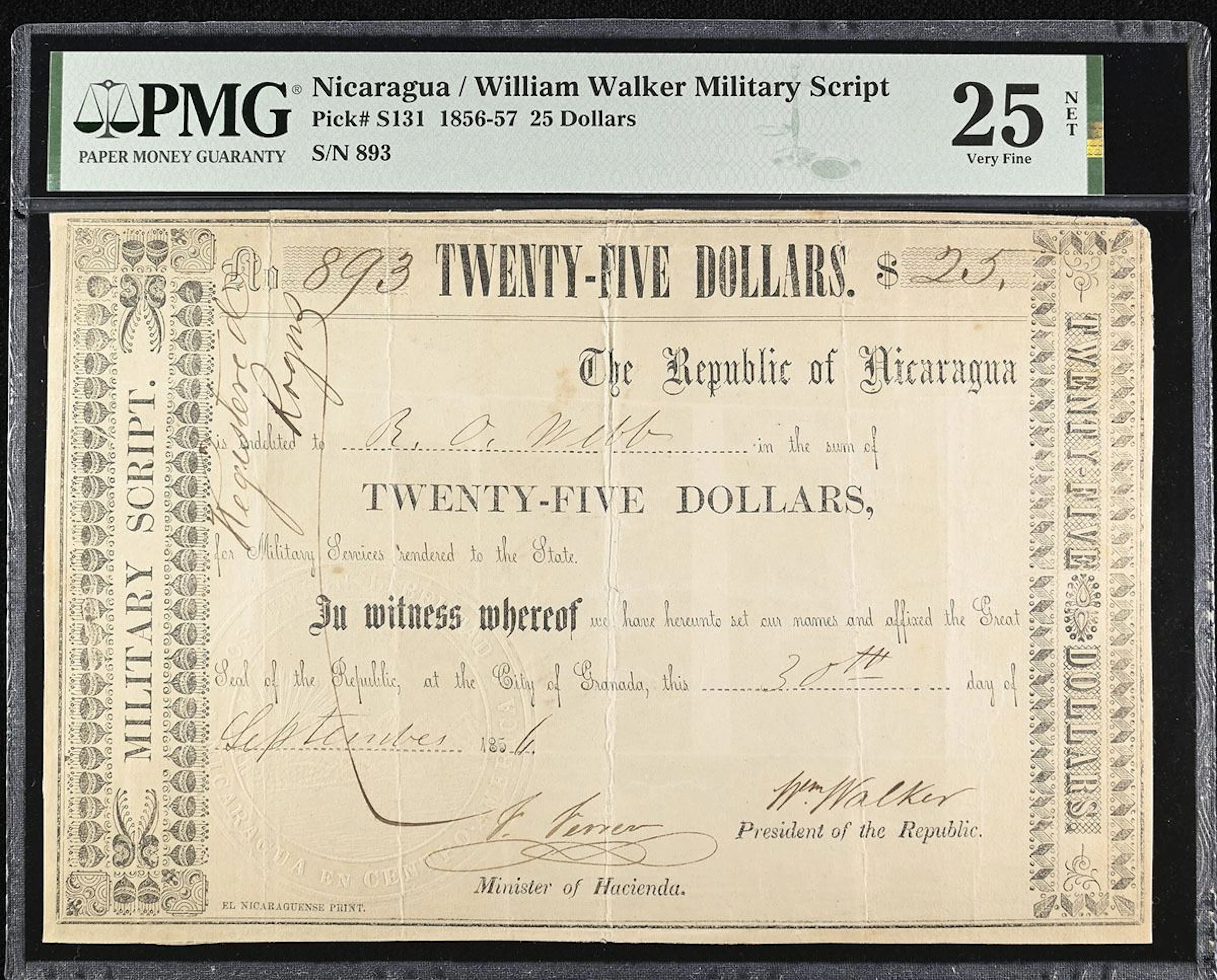 Nicaragua, Republic of Nicaragua, 1856, $25 Issued Military Banknote