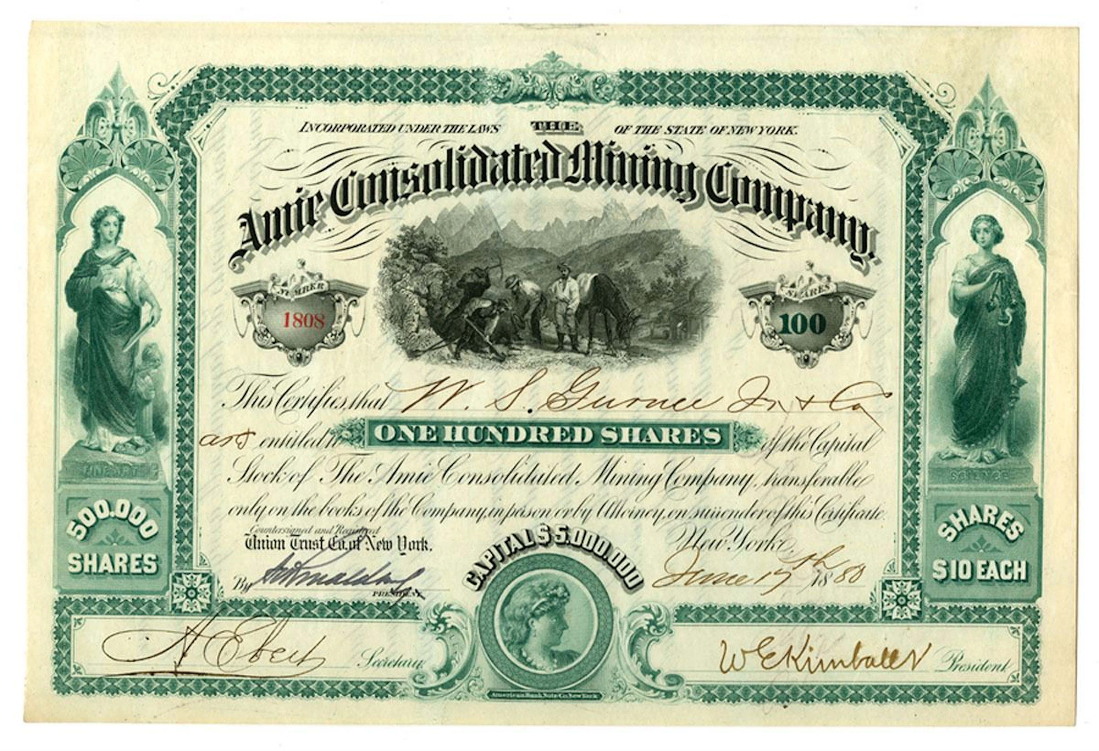 CO. Amie Consolidated Mining Company, 1880 I/U Stock Certificate