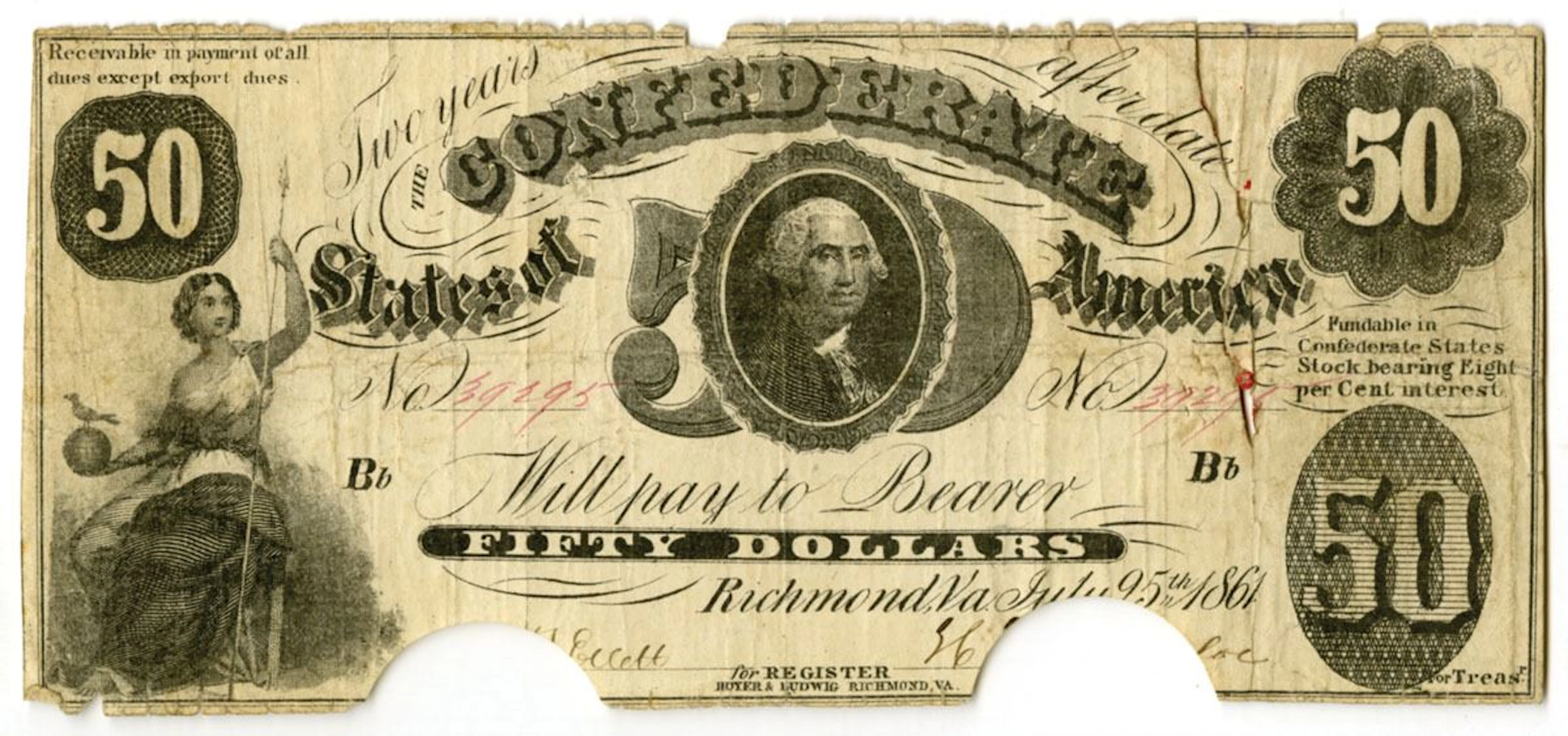 VA. C.S.A, July 25, 1861, $50, T-8, I/C Banknote.