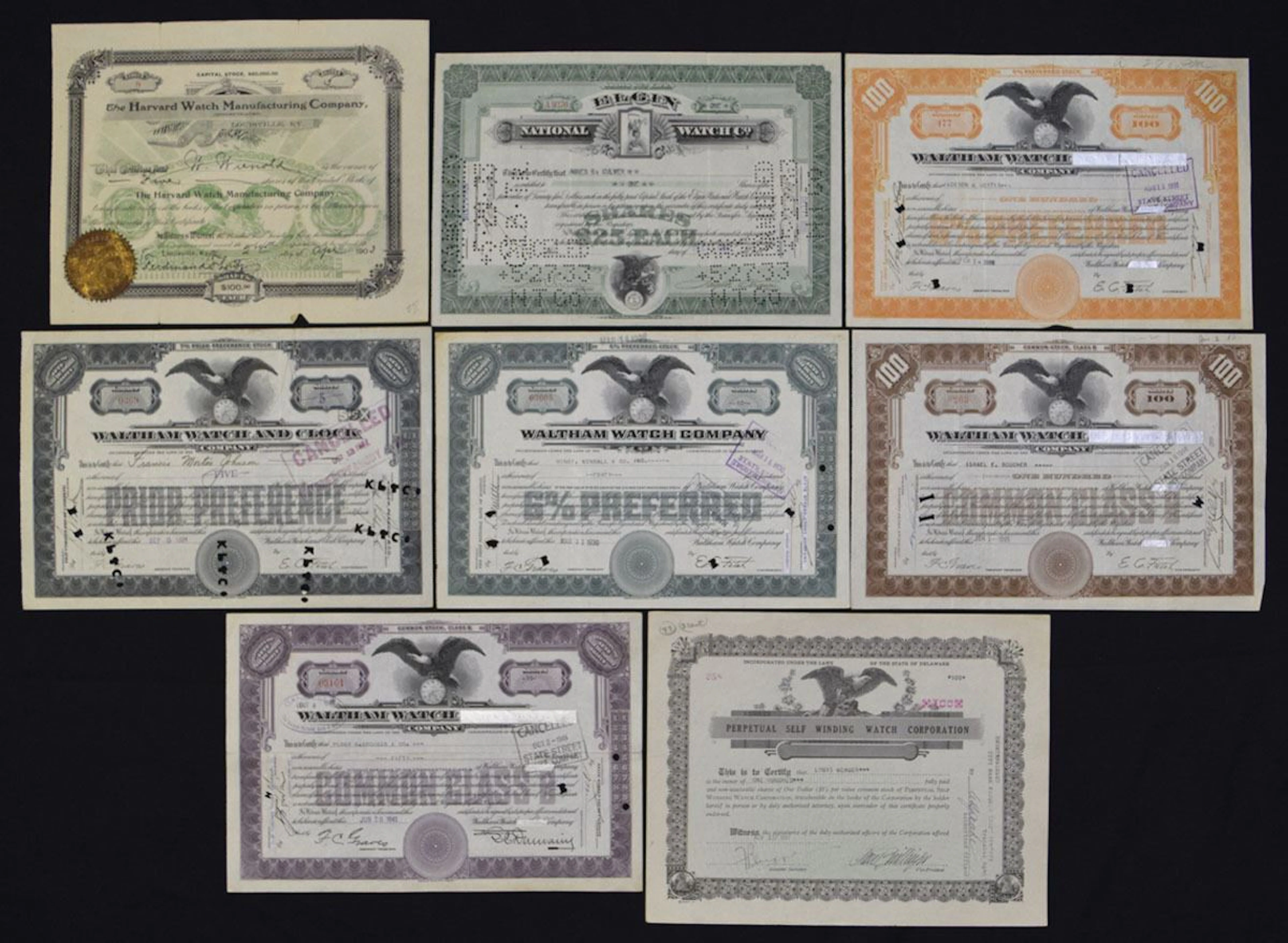 Watch and Clock Manufacturing Stock Certificate Assortment, 1903 to 1941.