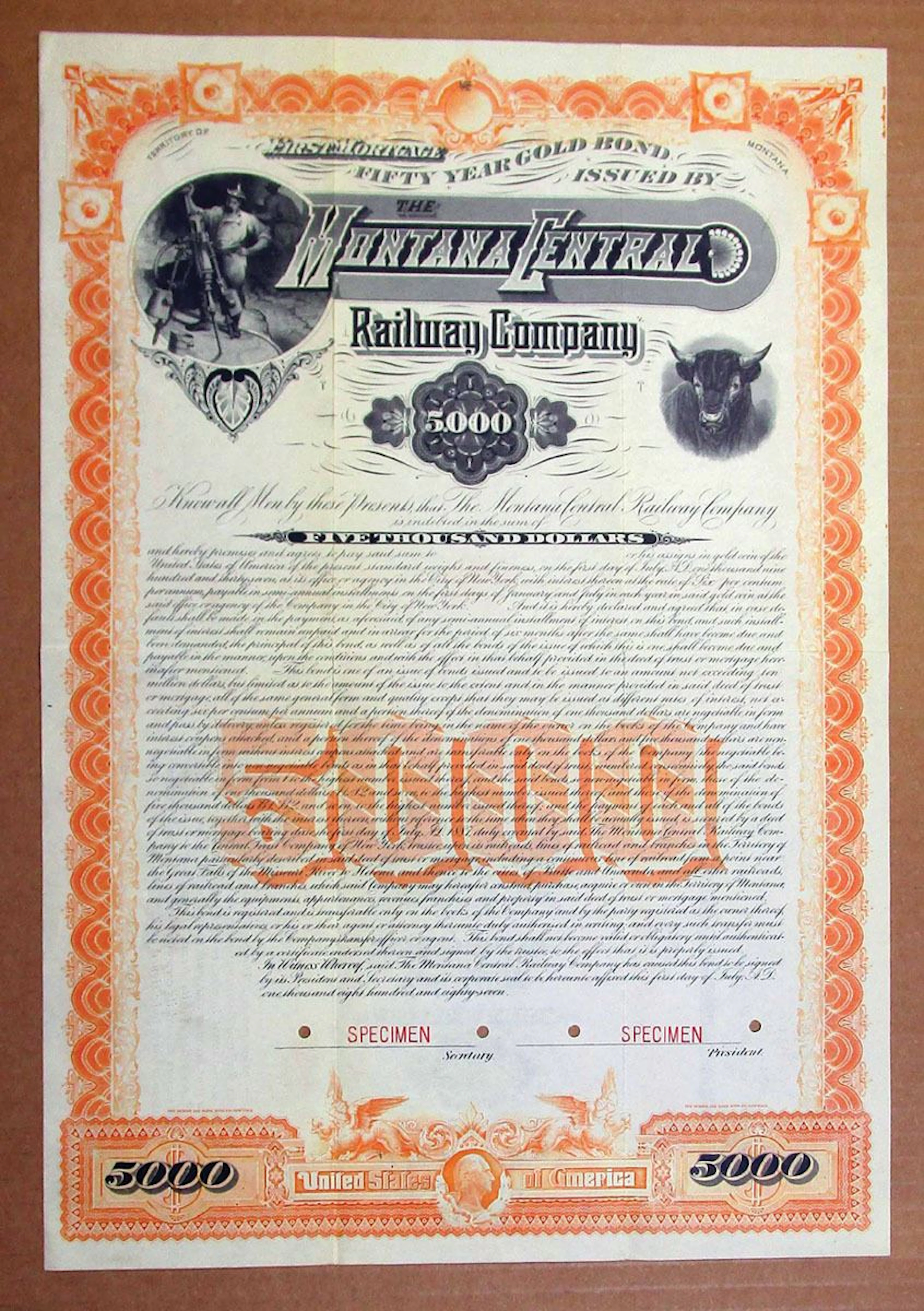 MT. Montana Central Railway Co. 1887 Specimen Bond