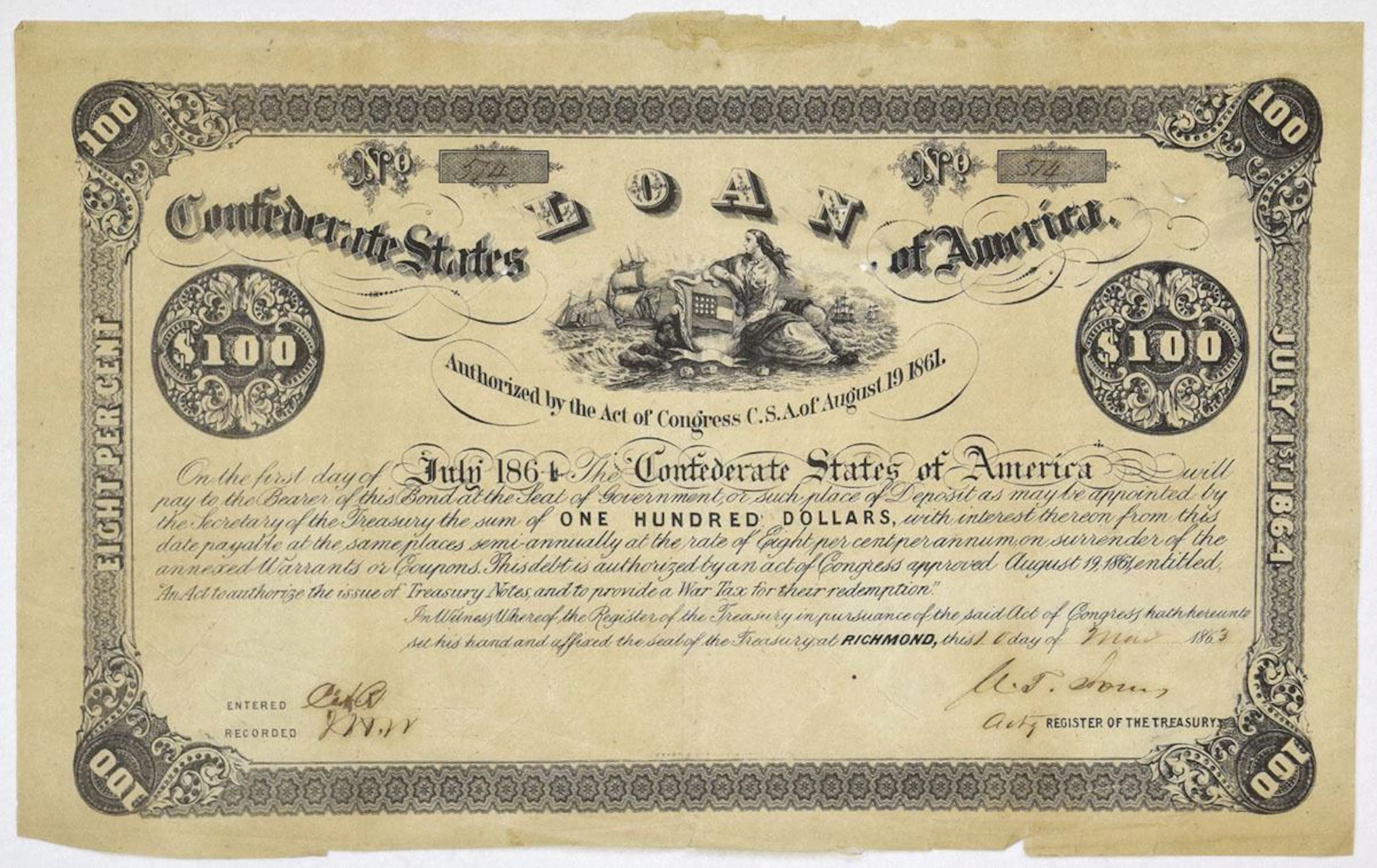 VA. C.S.A., 1863, Ball #30, Cr-22, $100, I/C Bond.