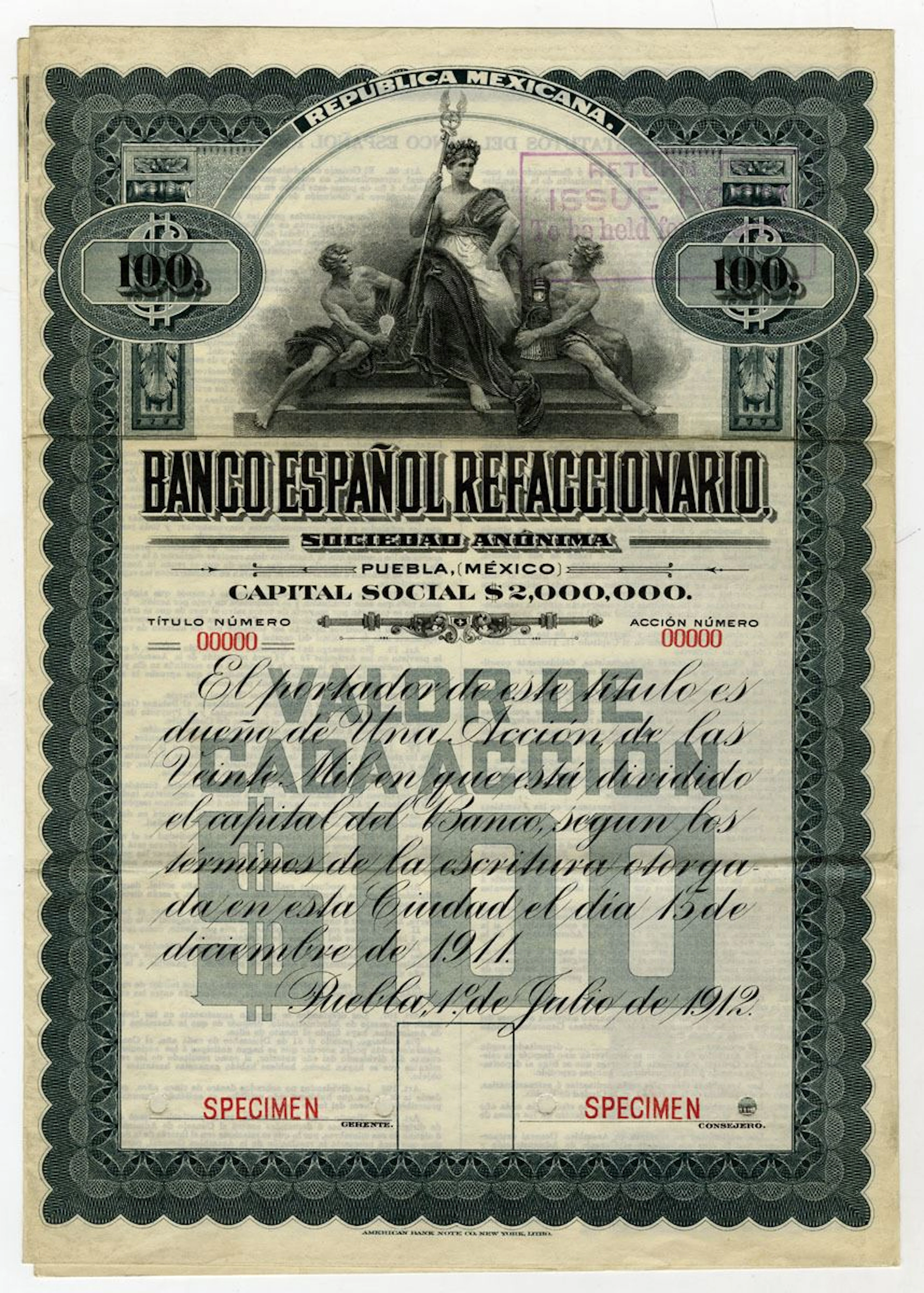 Mexico. Banco Espanol Refaccionario, 1912 Specimen Share Certificate.