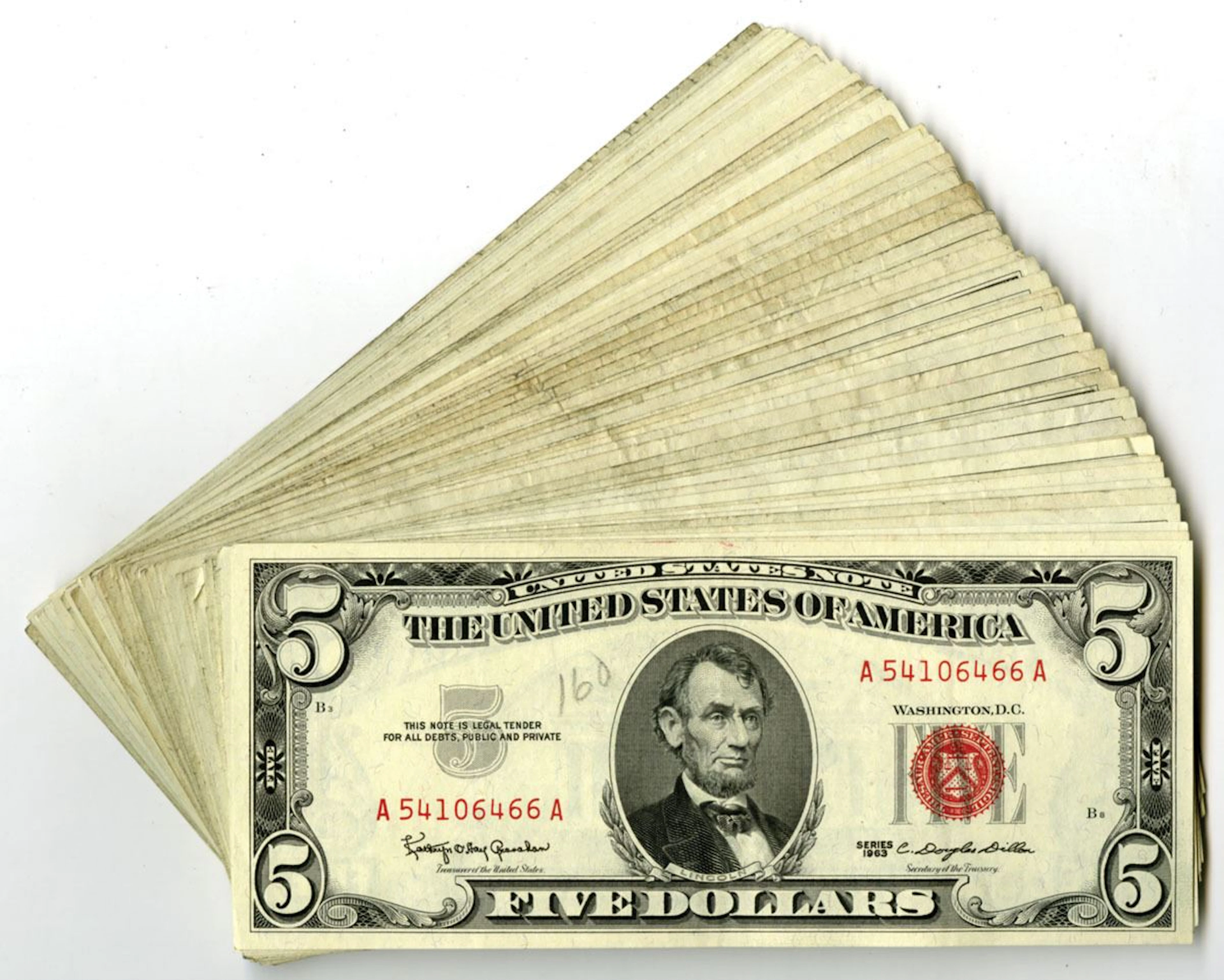 U. S. Legal Tender Note, $5, Series 1963, Issued Banknote Assortment.