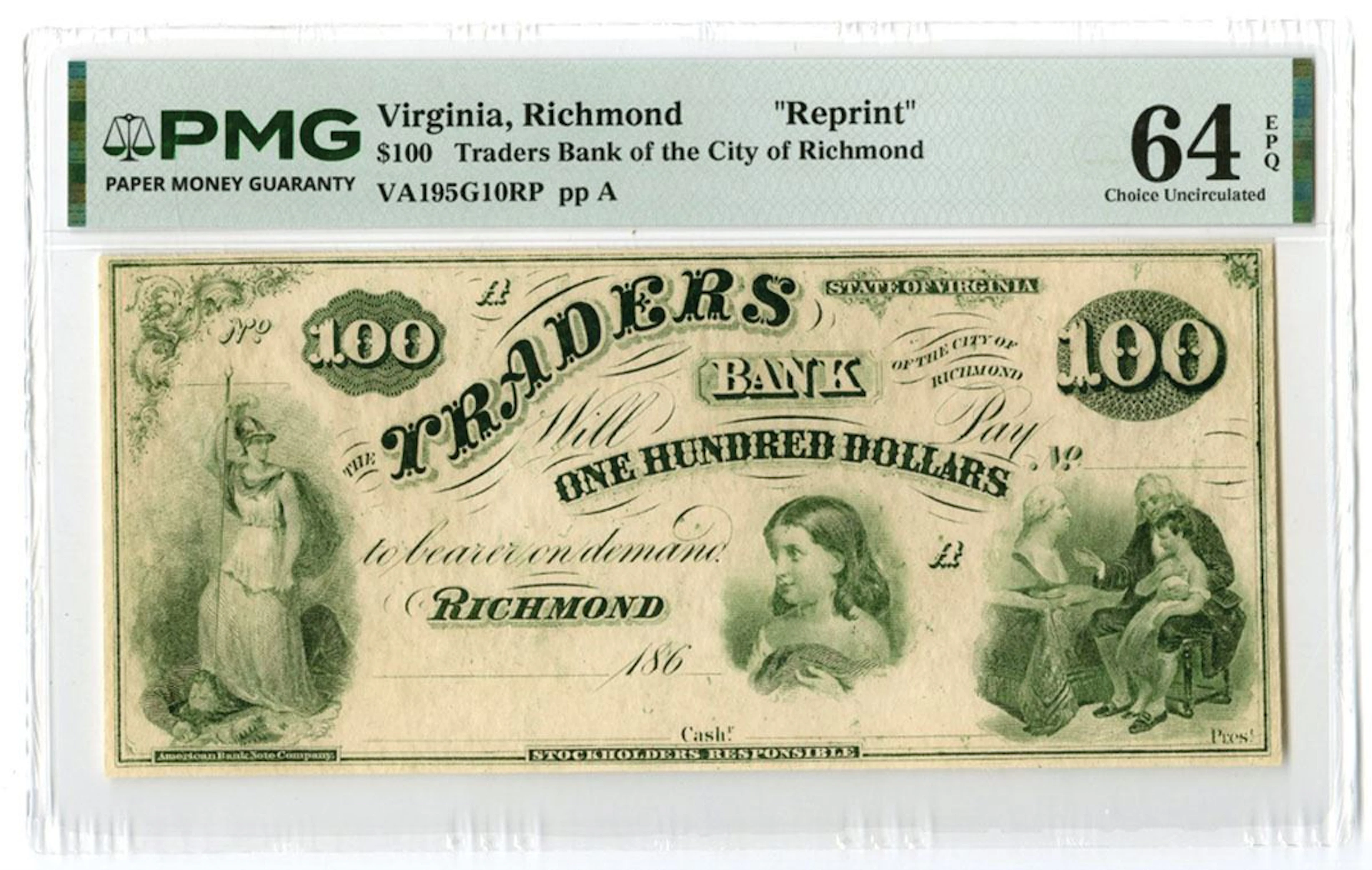 VA. Traders Bank of the City of Richmond, ND (1860s), $100 Reprint