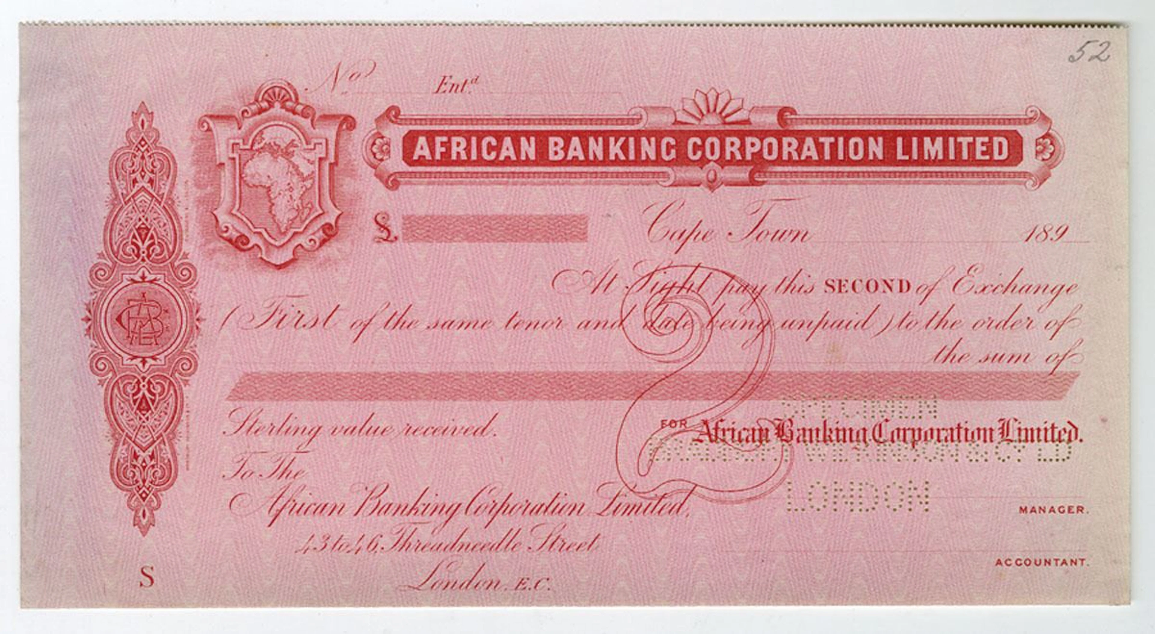 South Africa. African Banking Corp. Ltd., ND (1890s), 2nd of Exchange