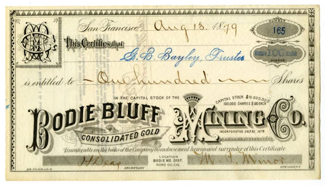 CA. Bodie Bluff Mining Co., 1879, I/U Stock Certificate.