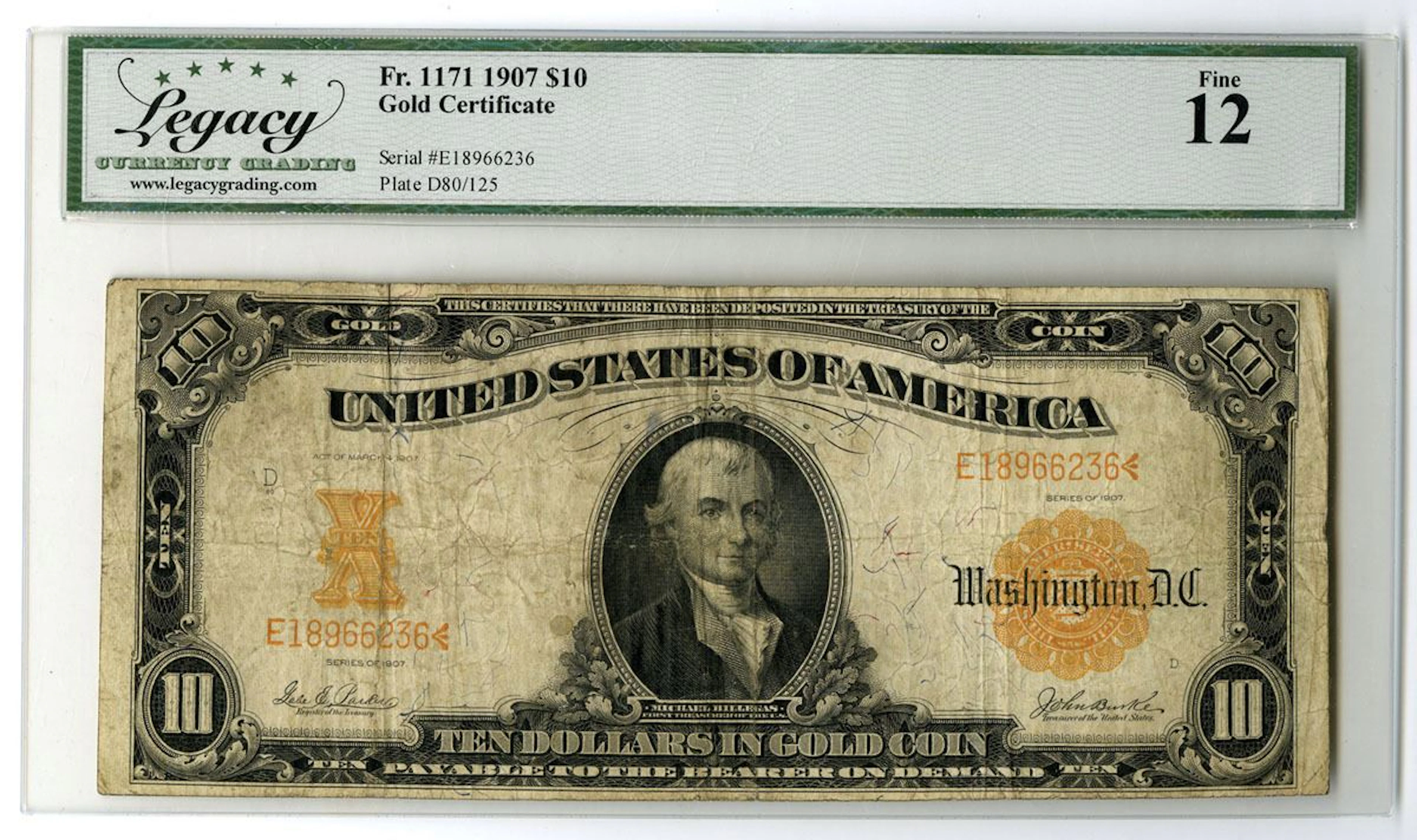 U.S. Gold Certificate. 1907 $10, Fr.# 1171, Issued Banknote, Legacy Fine 12