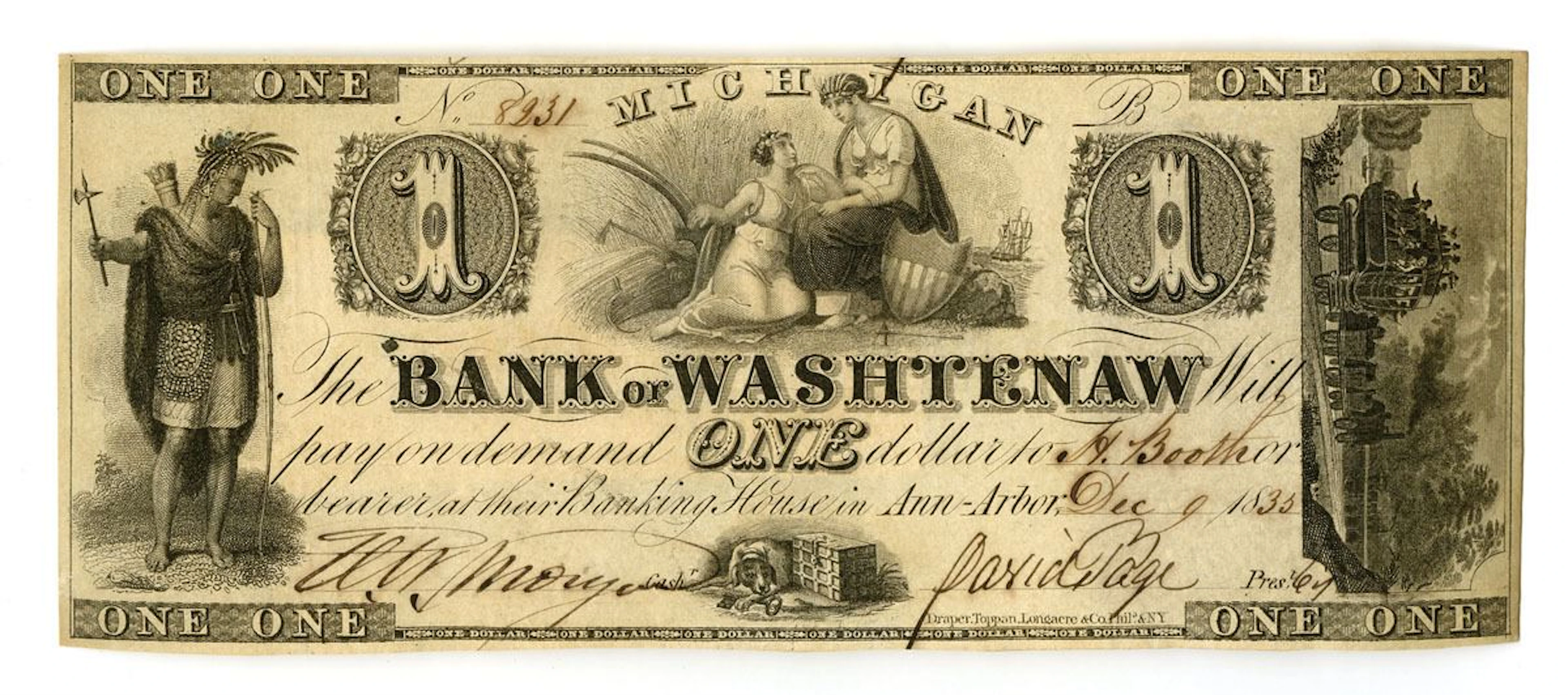 MI. Bank of Washtenaw, 1835, Issued Obsolete Banknote.
