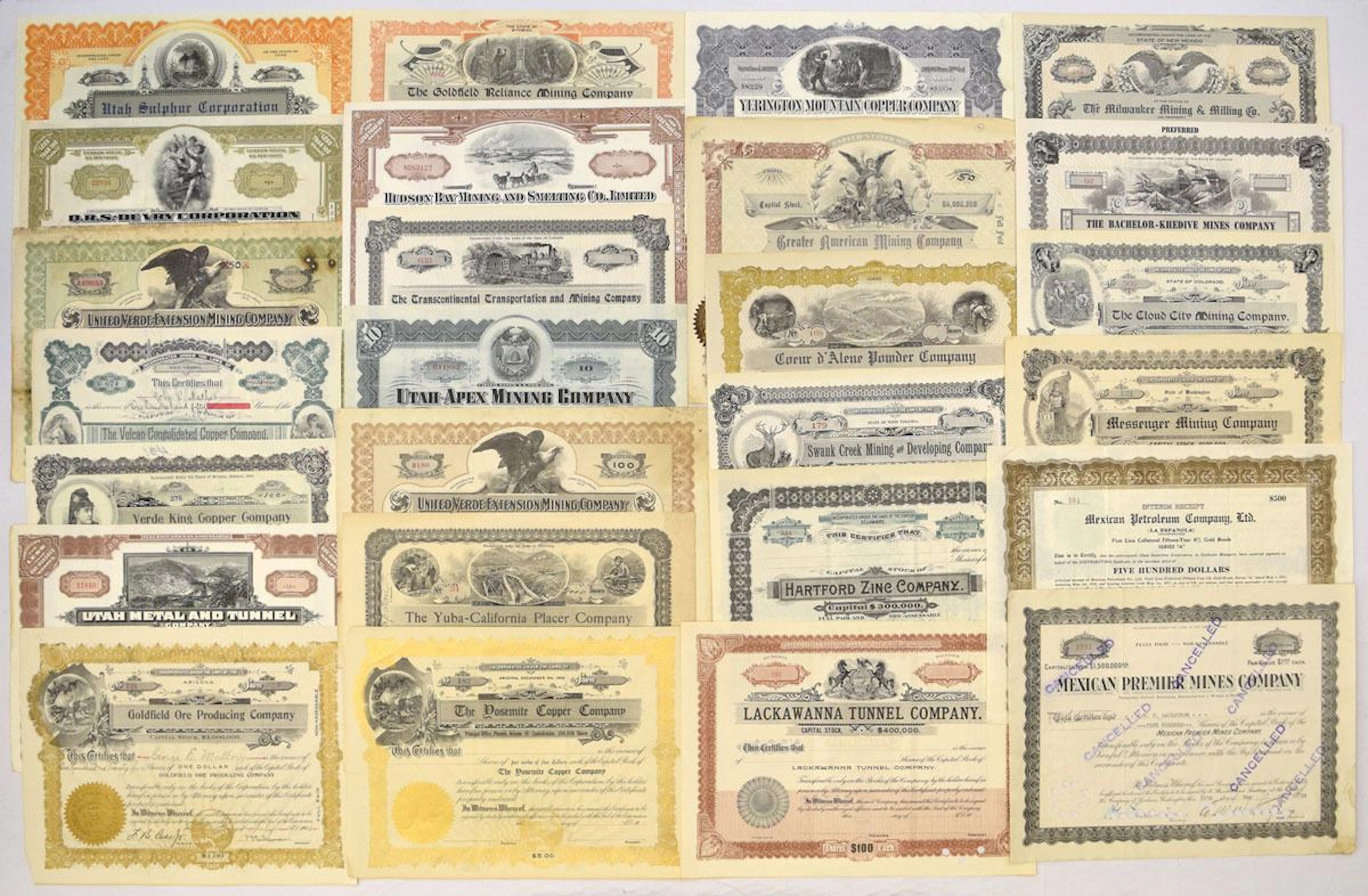 Western Mining Finance and Industrial Scripophily Assortment, ca. 1900 to 1930s