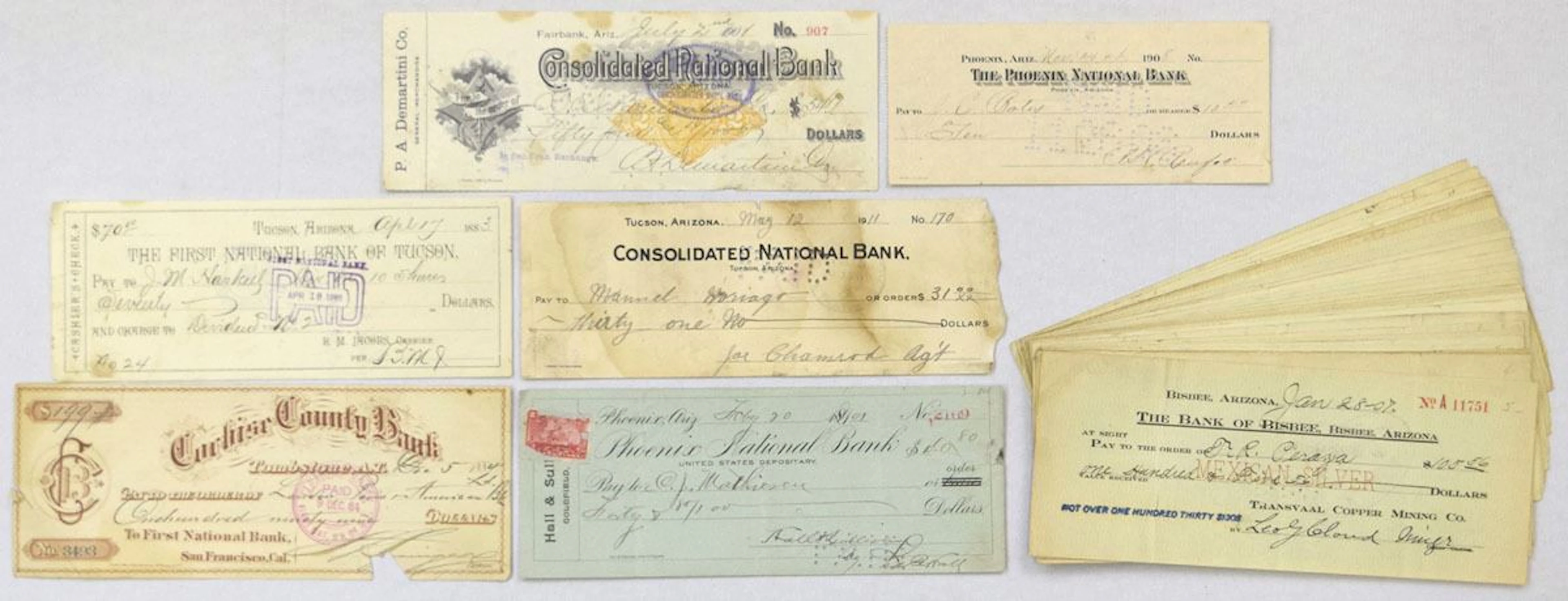 AZ. Arizona Territory Bank Check Collection, 1880 to 1910s.