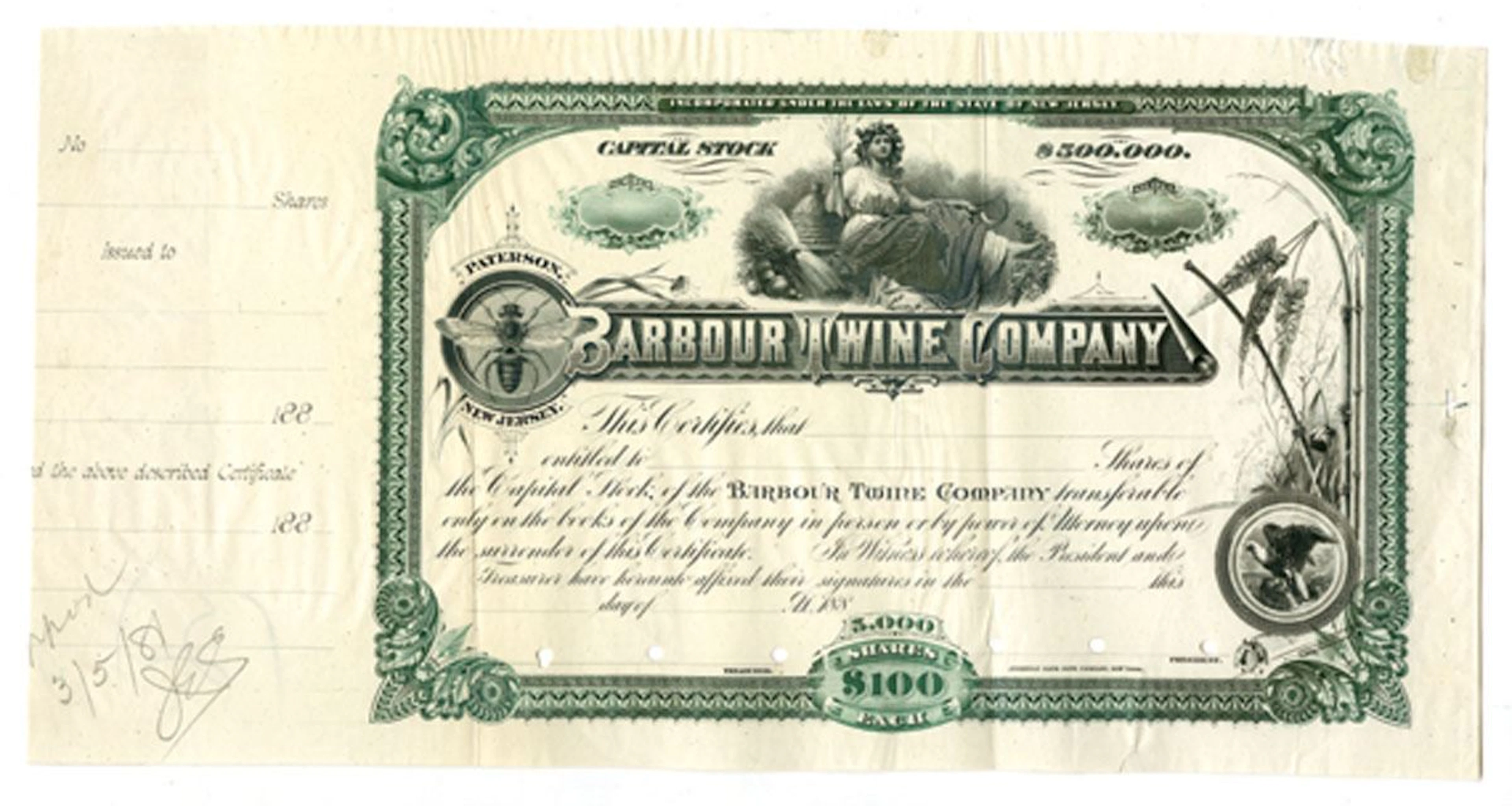 NJ. Barbour Twine Co., ND (1880s), Unique Approval Proof Stock Certificate.