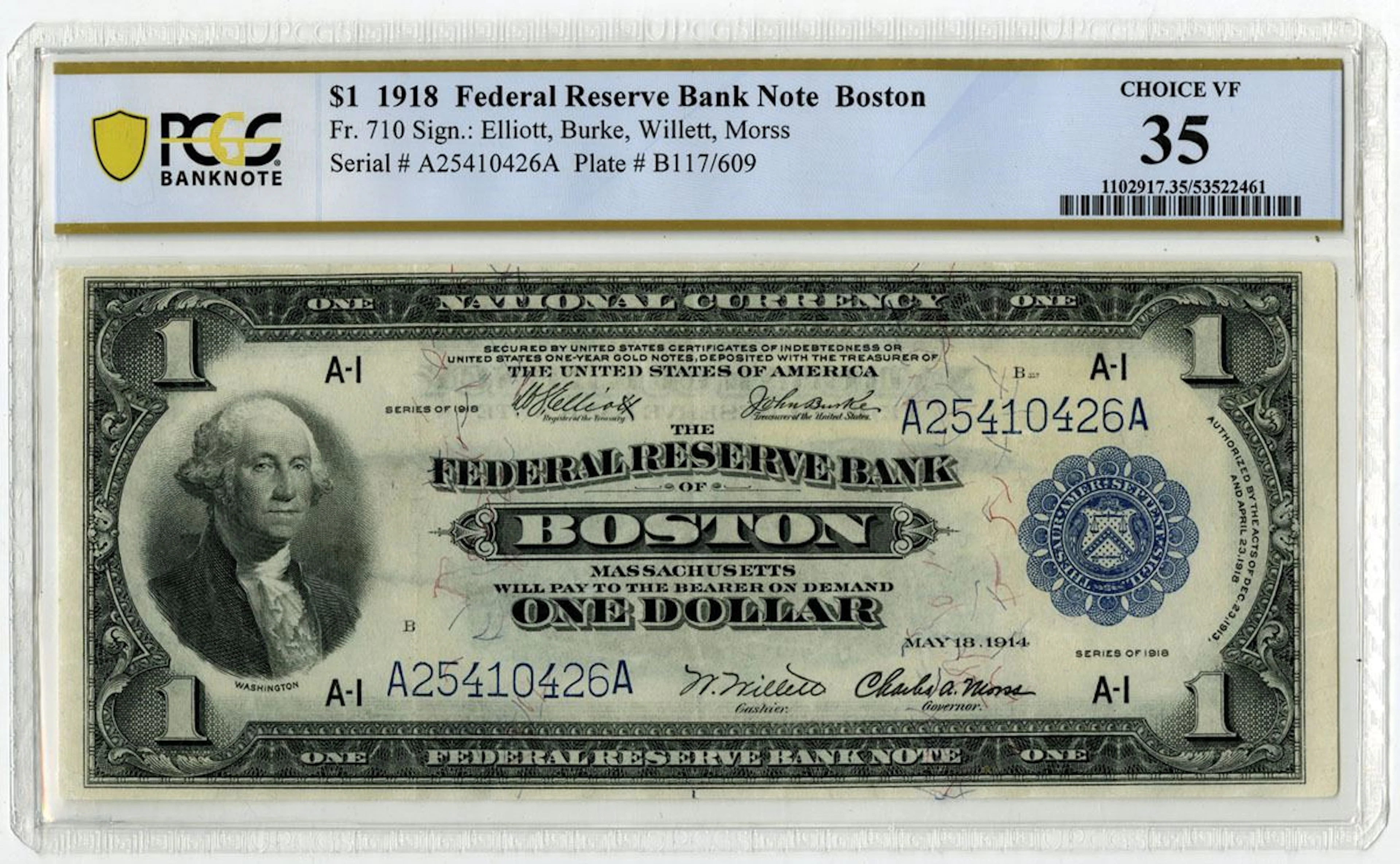 U.S. Federal Reserve Bank Note, Boston. 1918 $1, Fr.# 710, Issued
