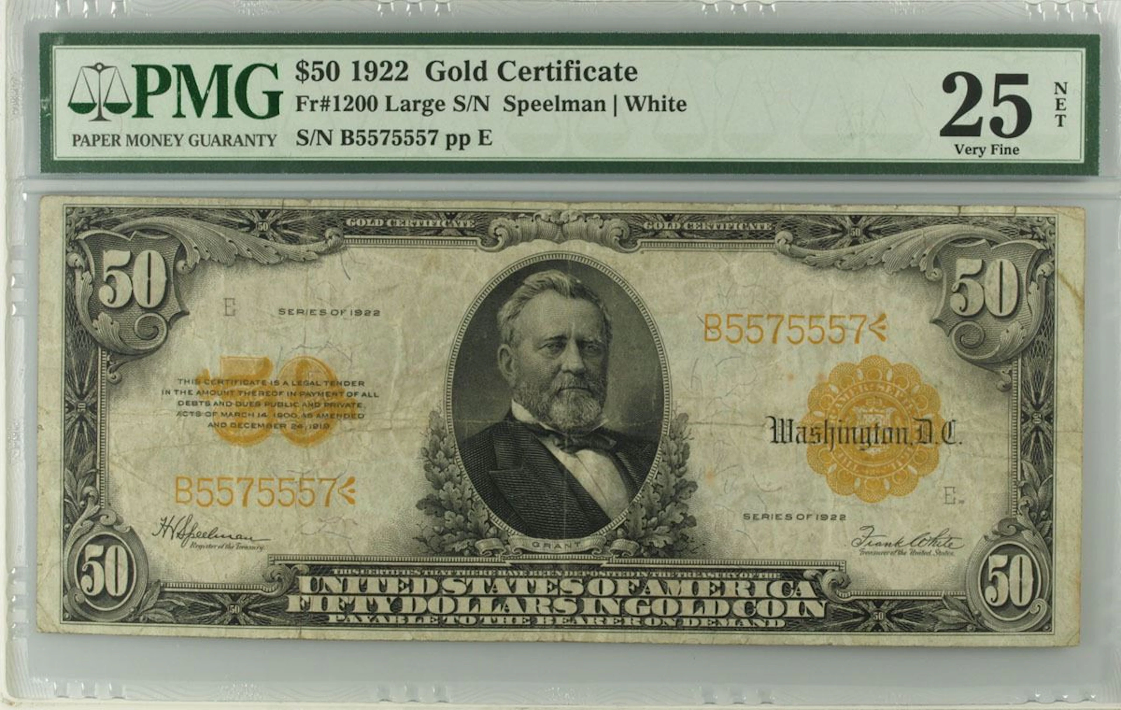 U.S. Gold Certificate. 1922 $50, Fr.# 1200, Issued Banknote, PMG Very