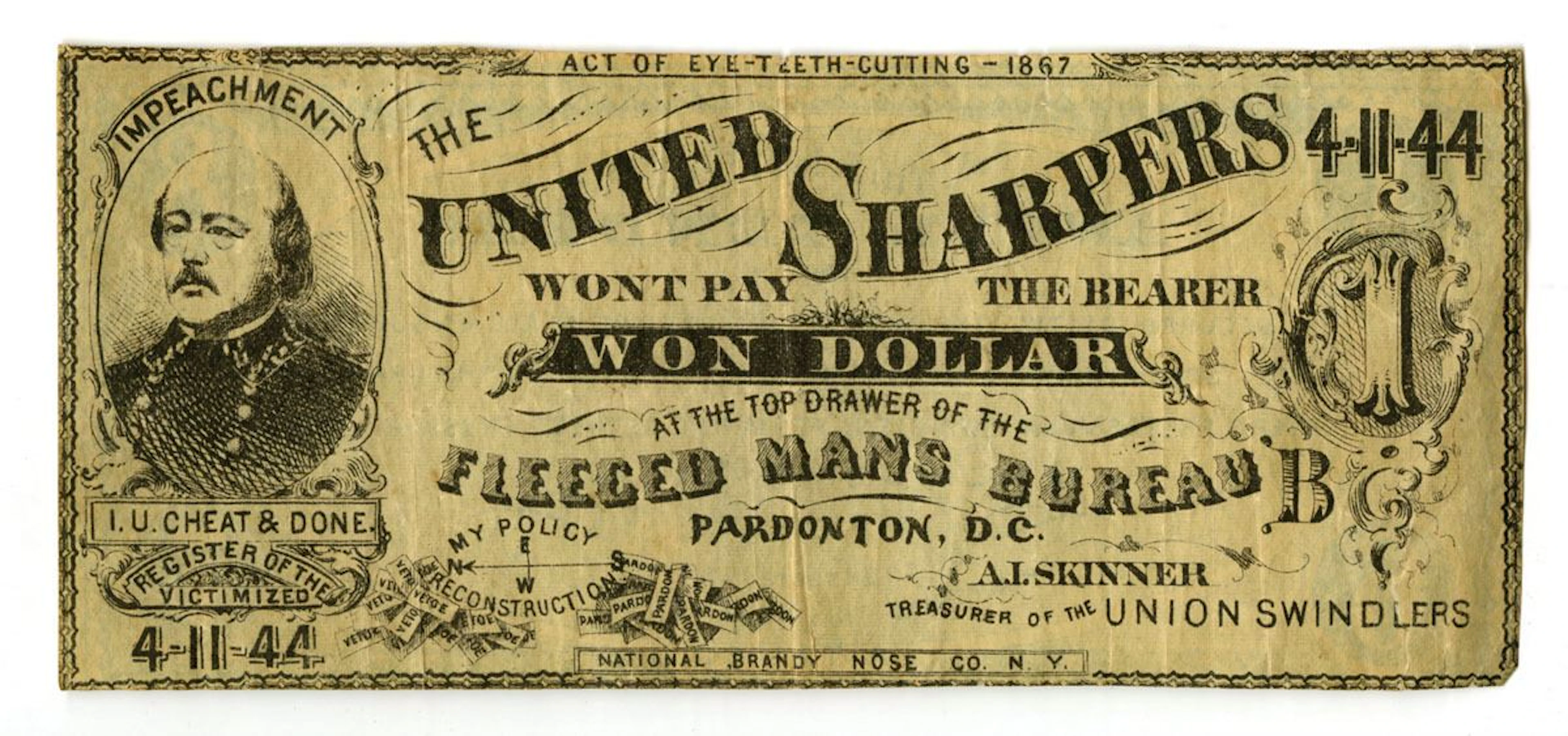 NY, Reconstruction Satirical Political Note, 1867, Mocking Andrew