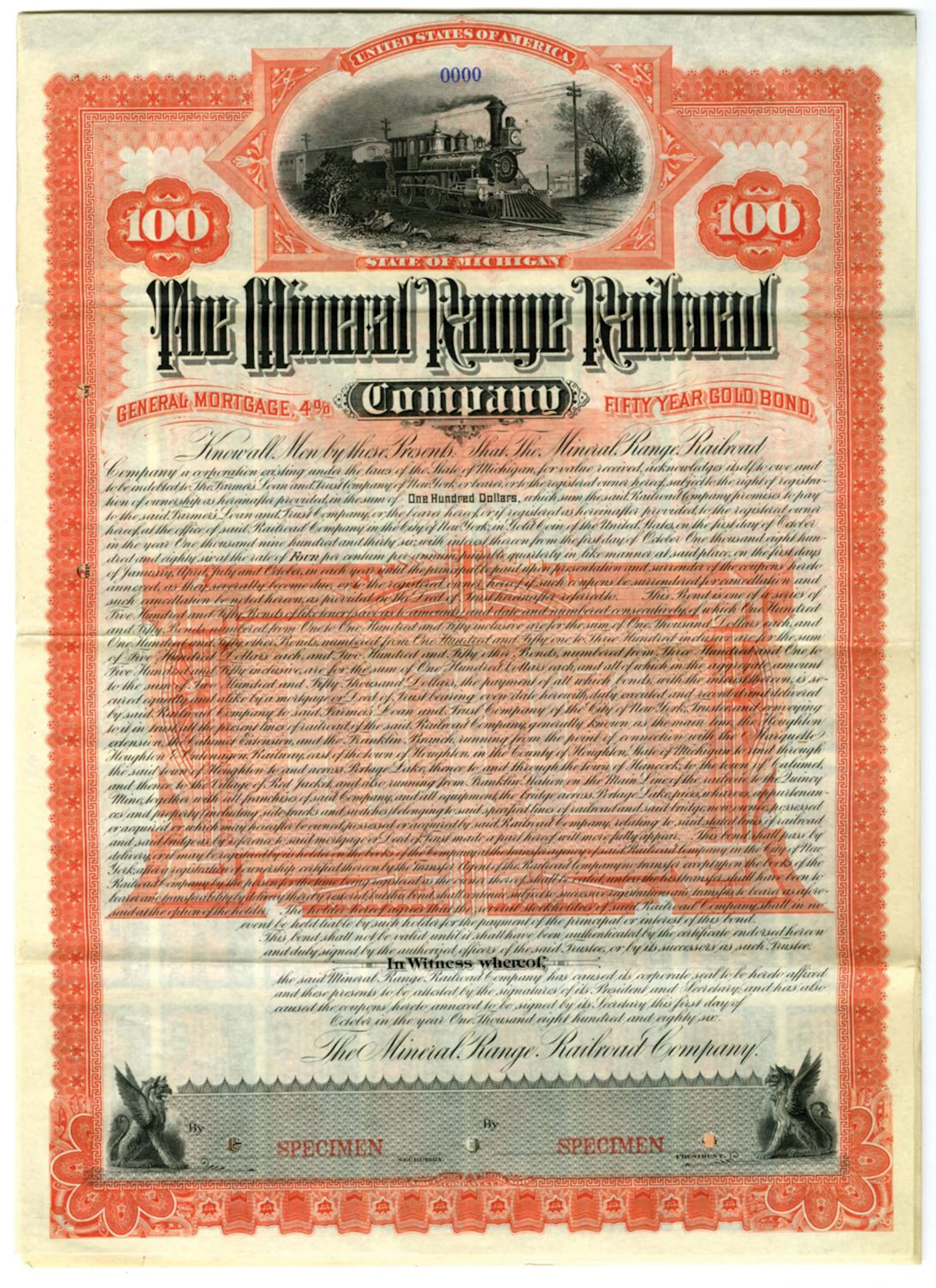 MI. Mineral Range Railroad Co., 1886, Specimen Coupon Bond.