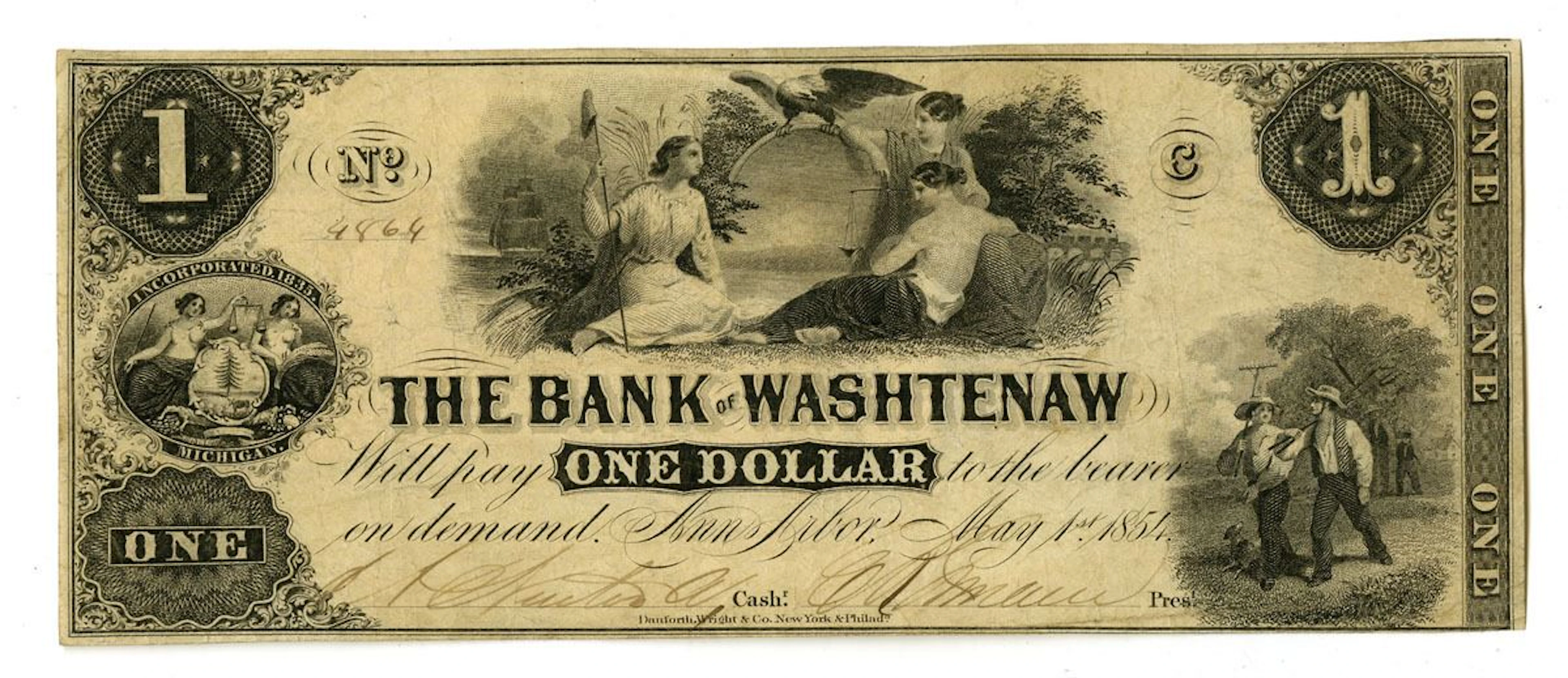 MI. Bank of Washtenaw, 1854, Issued Obsolete Banknote.
