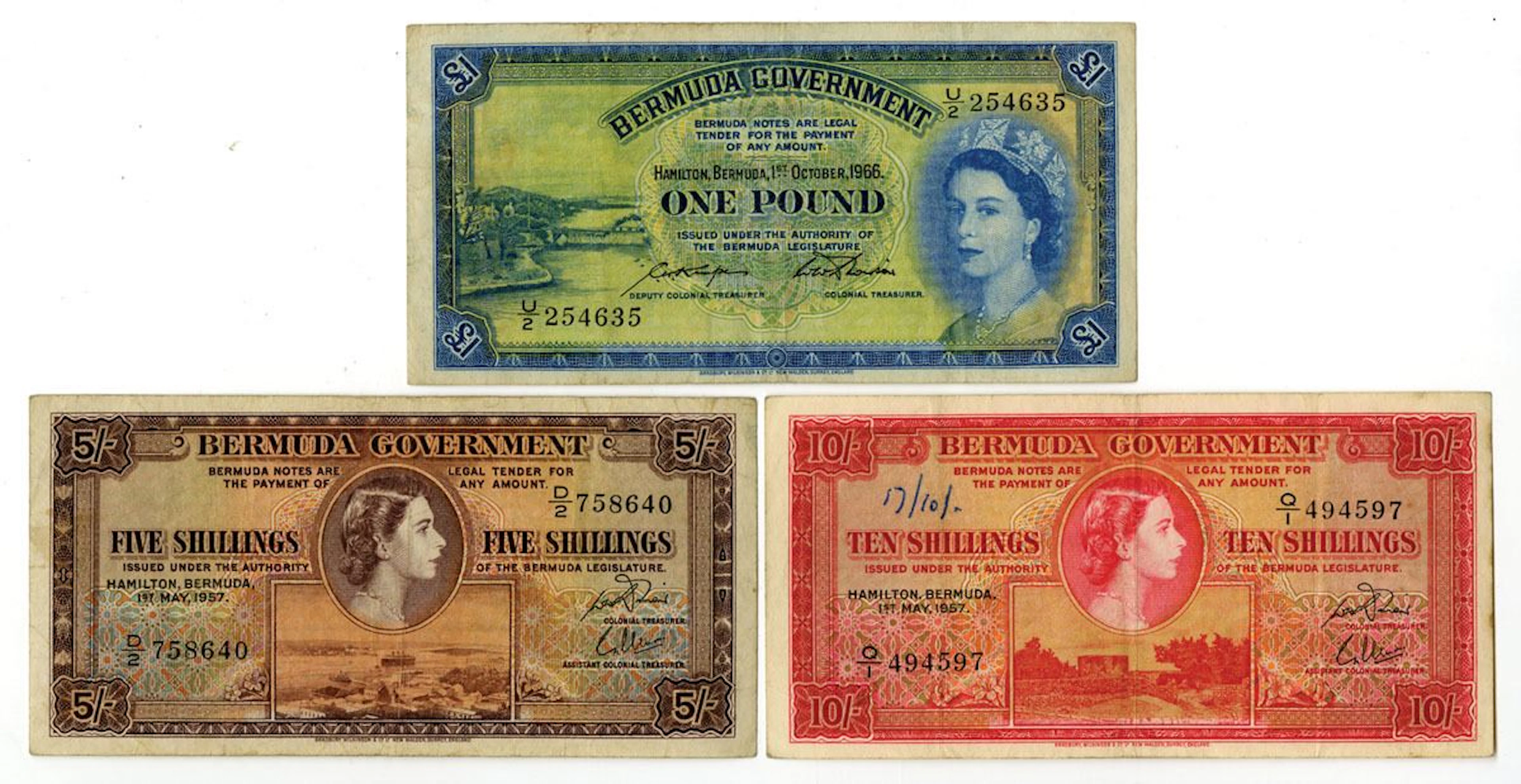 Bermuda. Bermuda Government, 1957 to 1966, Issued Banknote Trio.