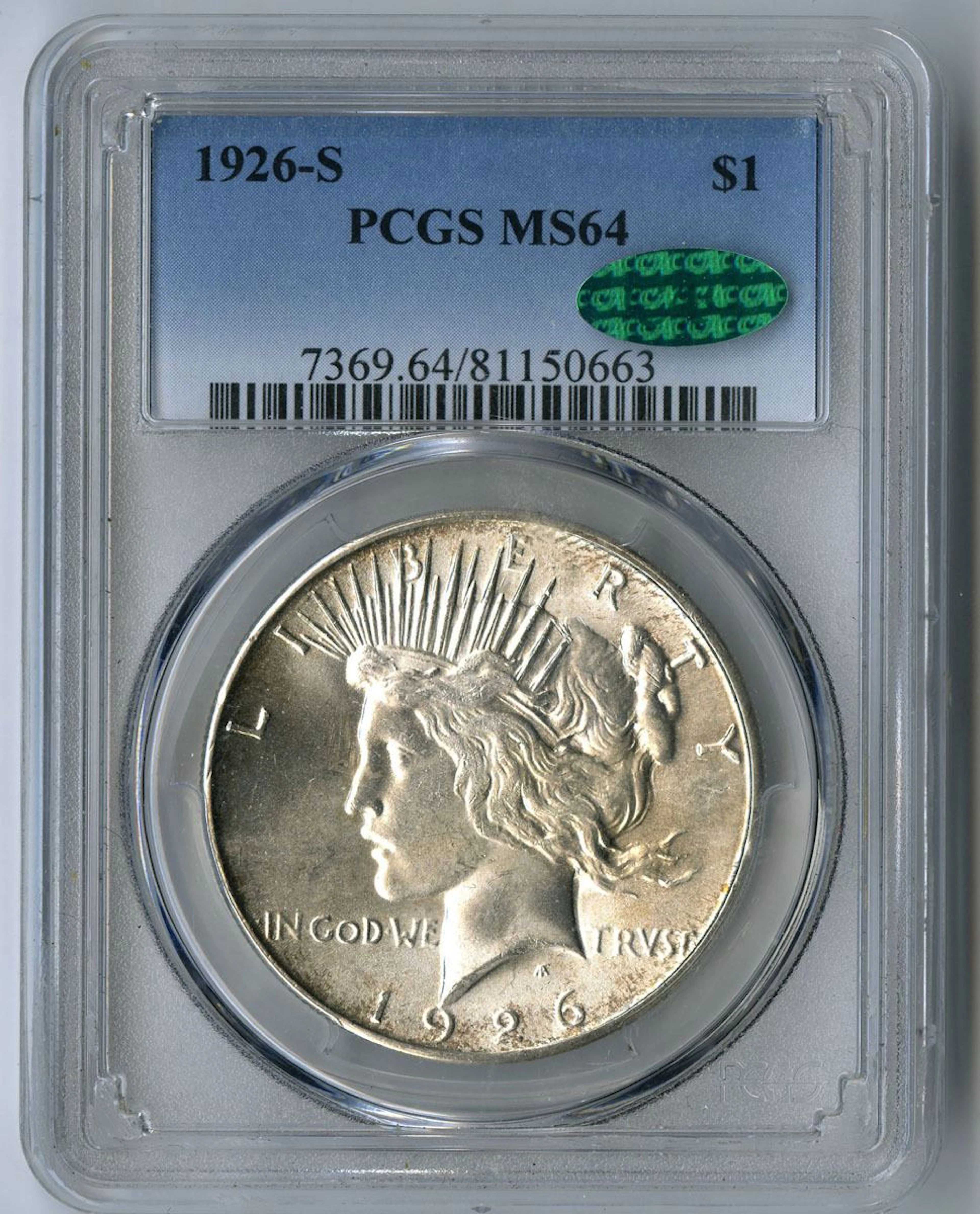 U.S., Peace Silver Dollar, 1926-S, $1, PCGS MS 64 Uncirculated, CAC Sticker