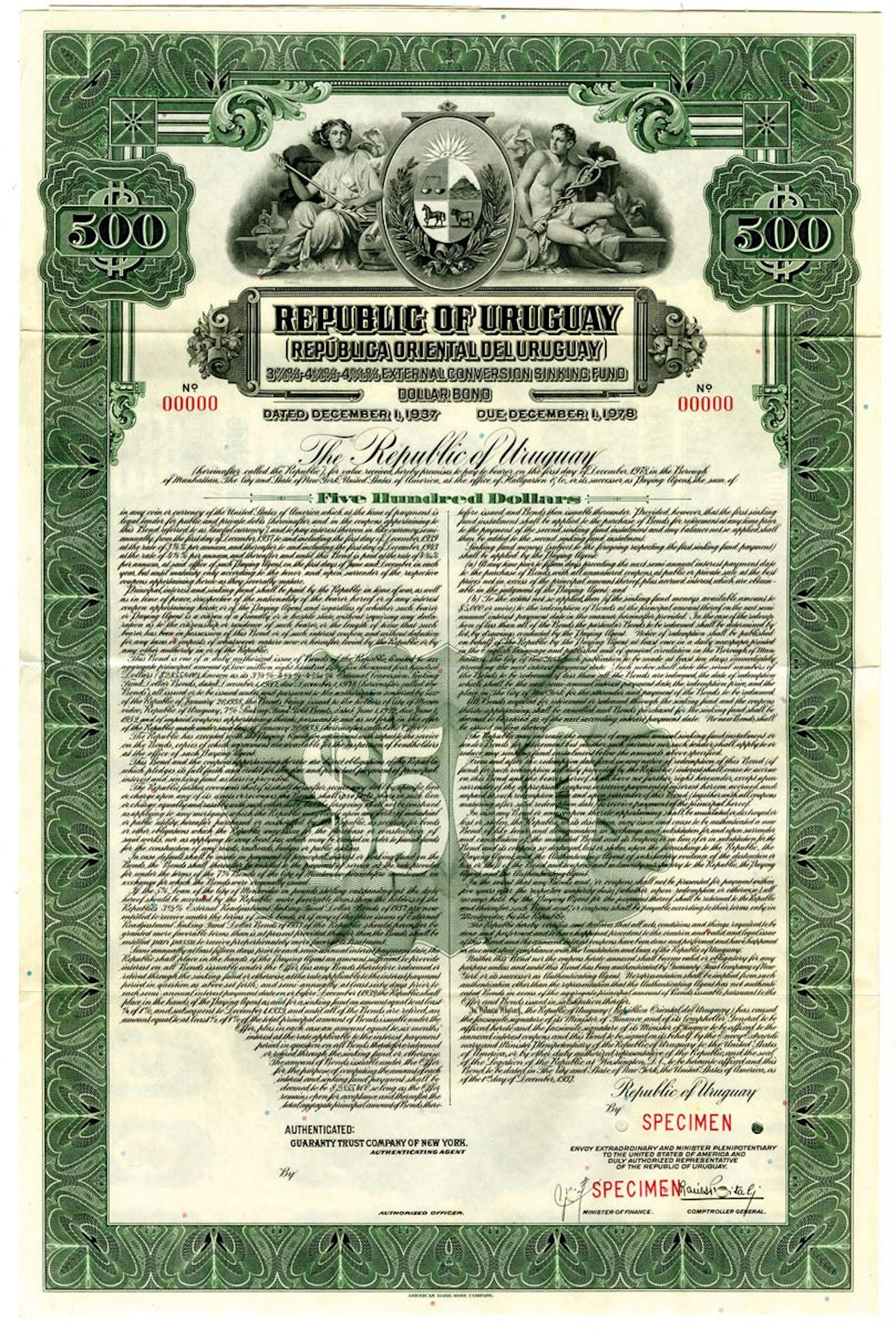 Uruguay. Republic of Uruguay 1937 Specimen Dollar Coupon Bond