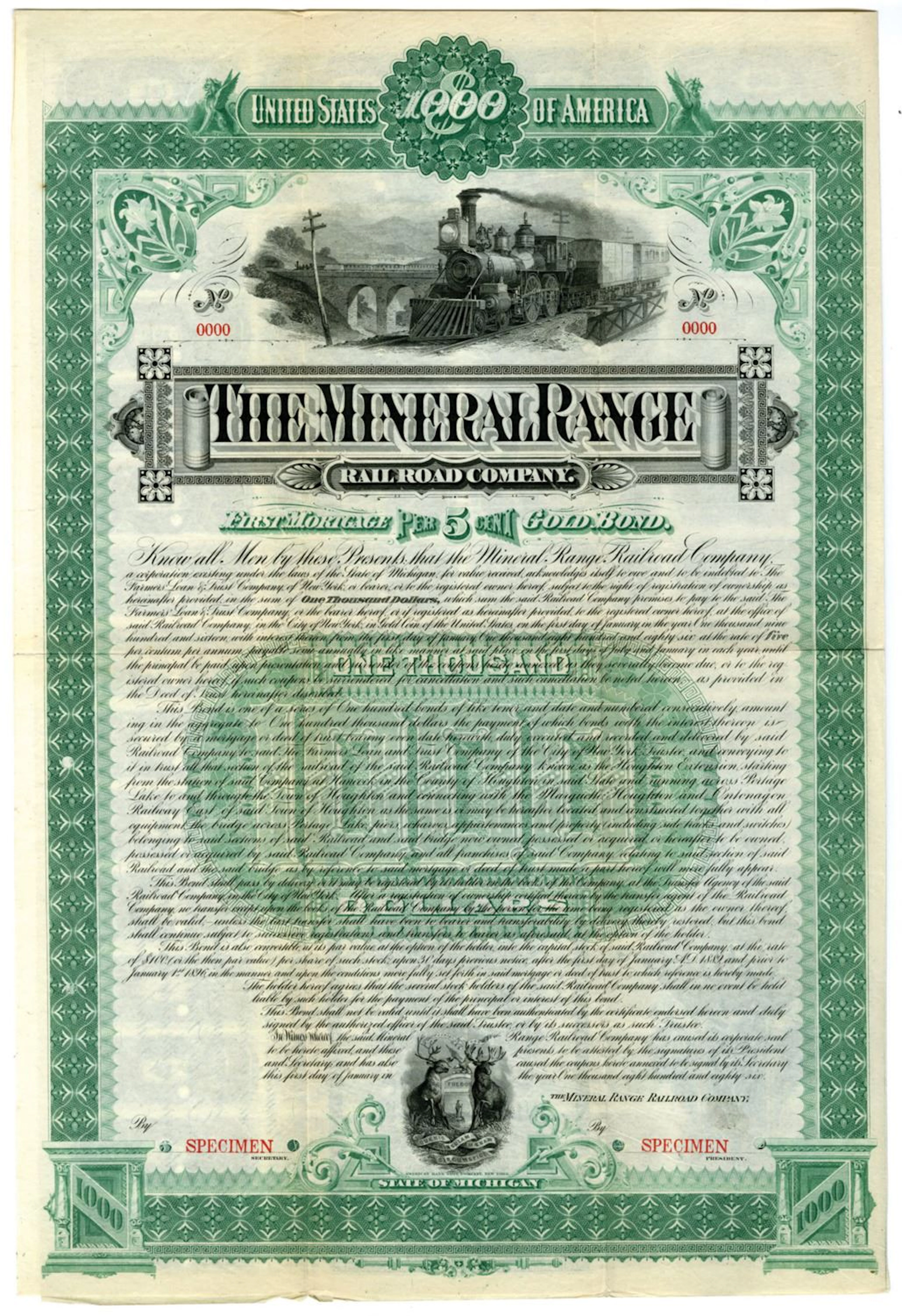 MI. Mineral Range Railroad Co., 1886, Specimen Coupon Bond.
