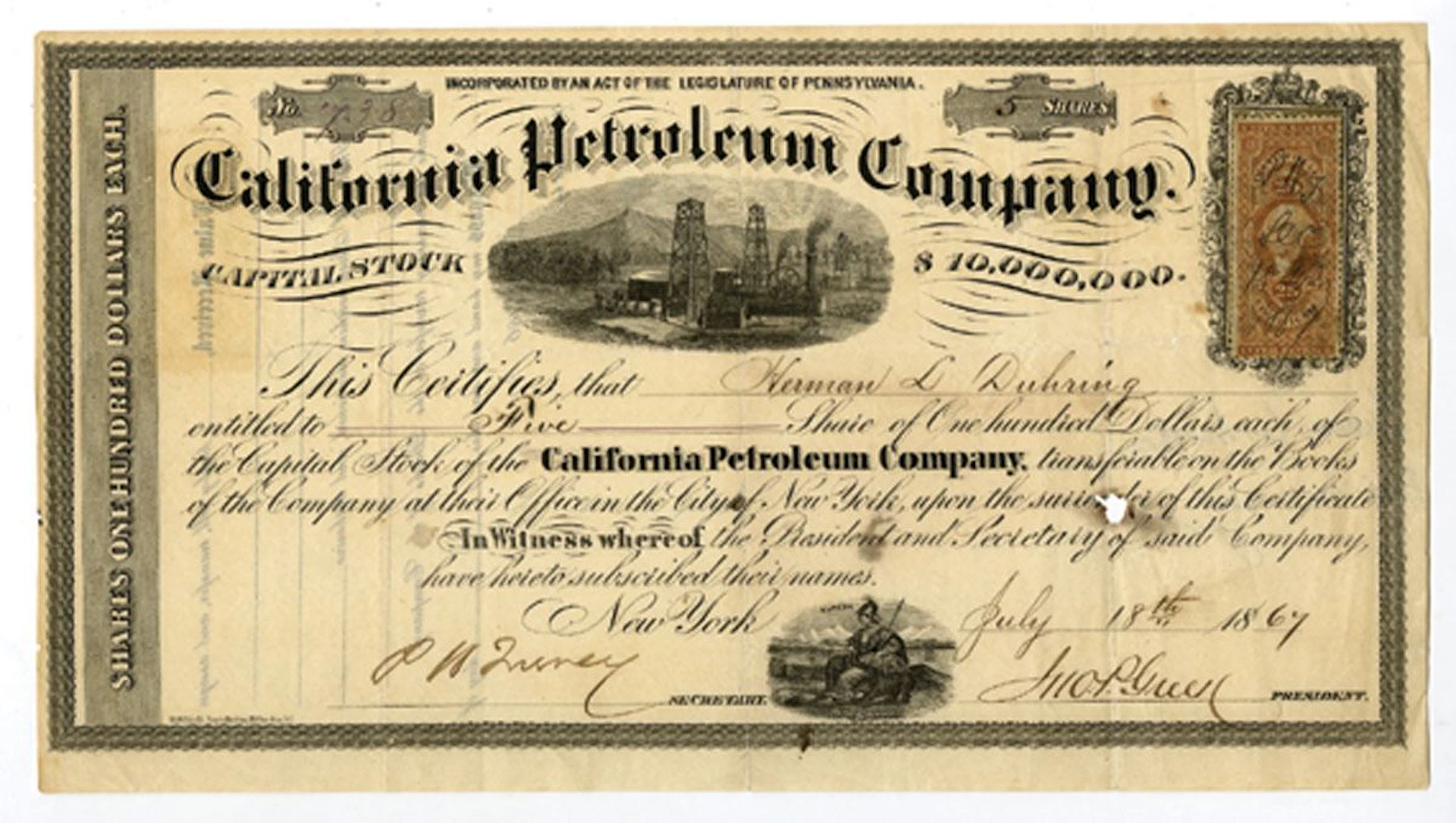 NY. California Petroleum Company, 1867 I/U Stock Certificate.