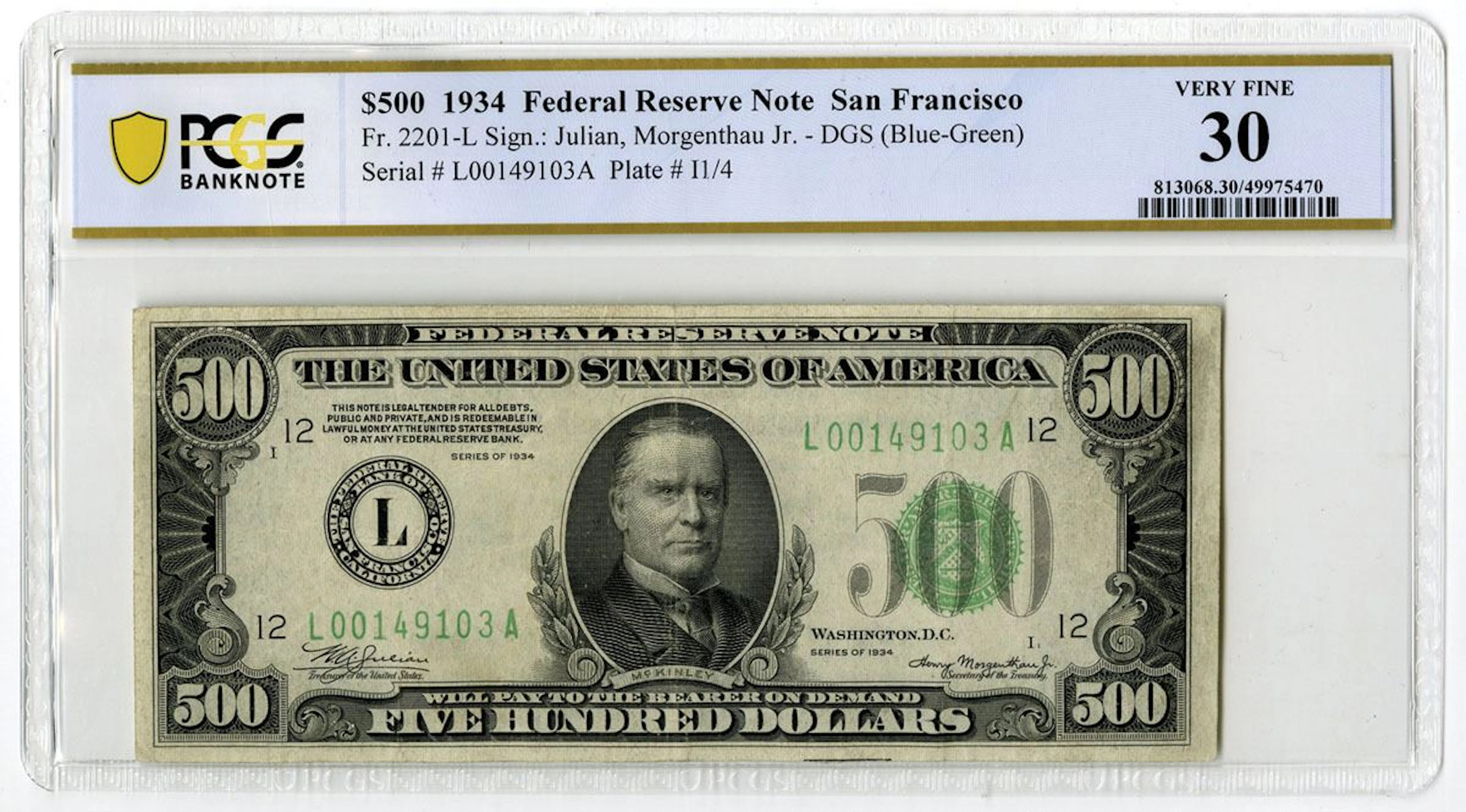 U.S. F.R.N., San Francisco. 1934 $500, Fr.# 2201-L, Issued Banknote