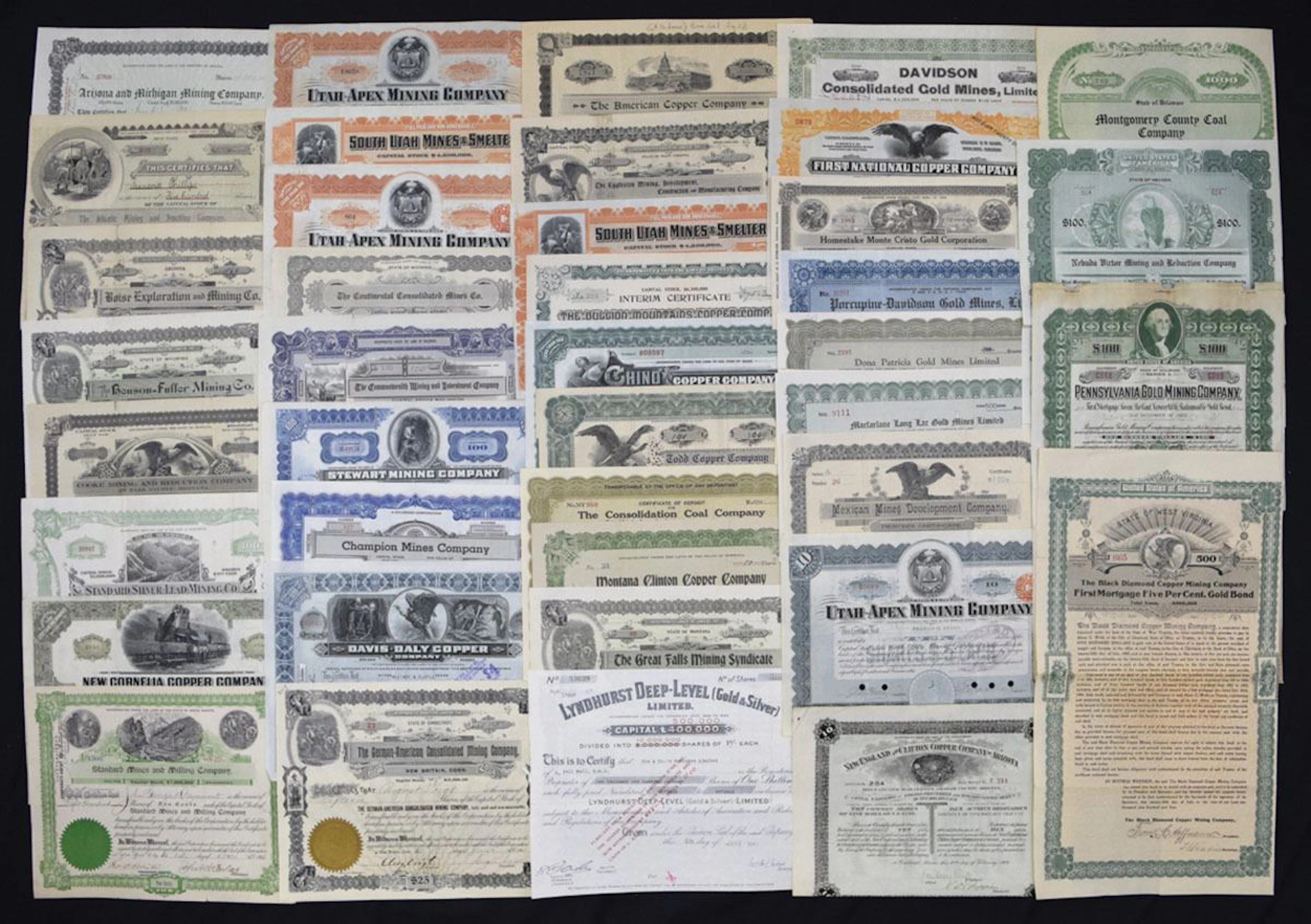 U.S., Canada, & Mexico Mining Bonds & Shares, ca.1896 to 1940s, Mainly