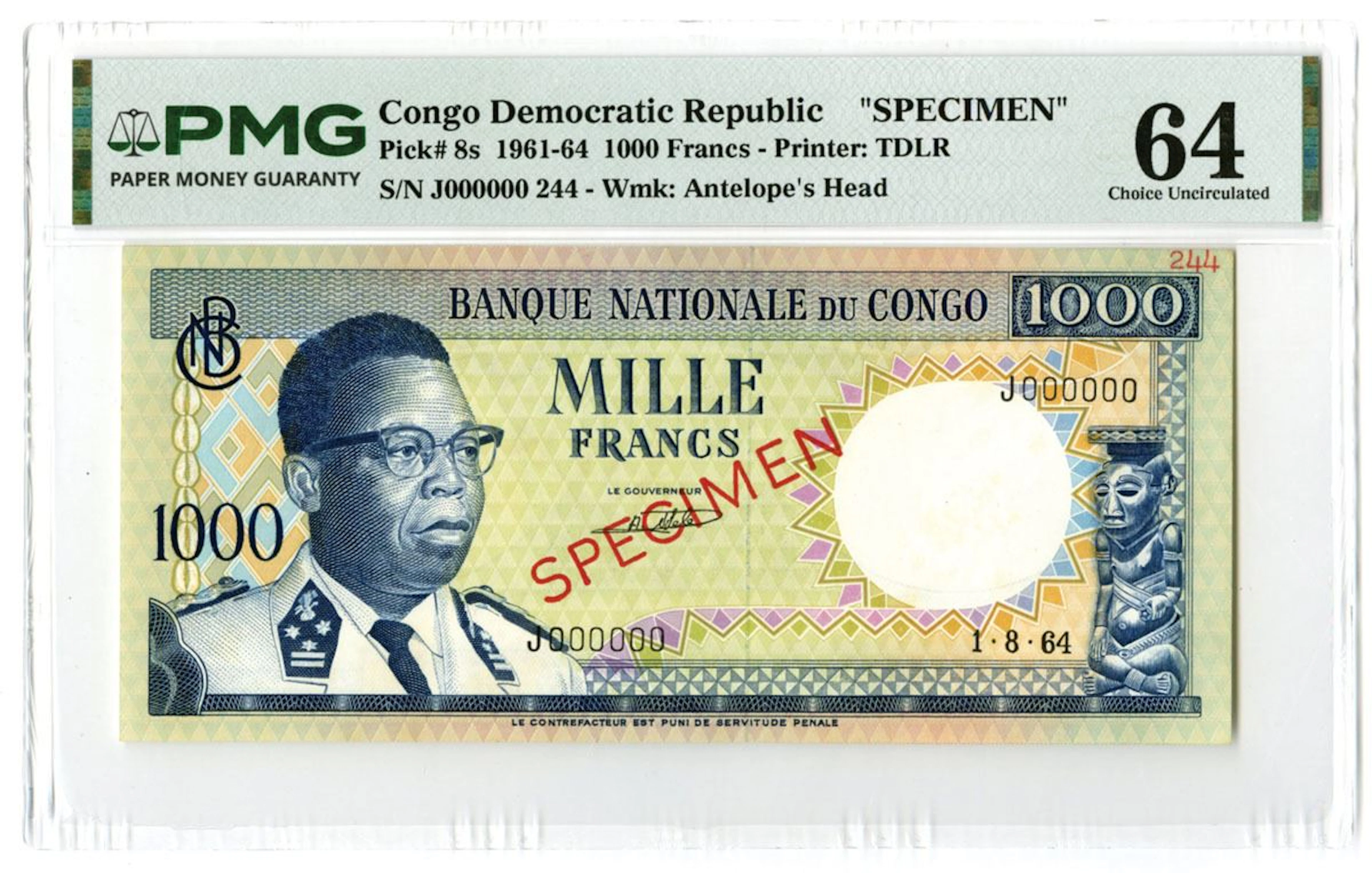 Banque Nationale du Congo, 1964, Specimen Banknote.