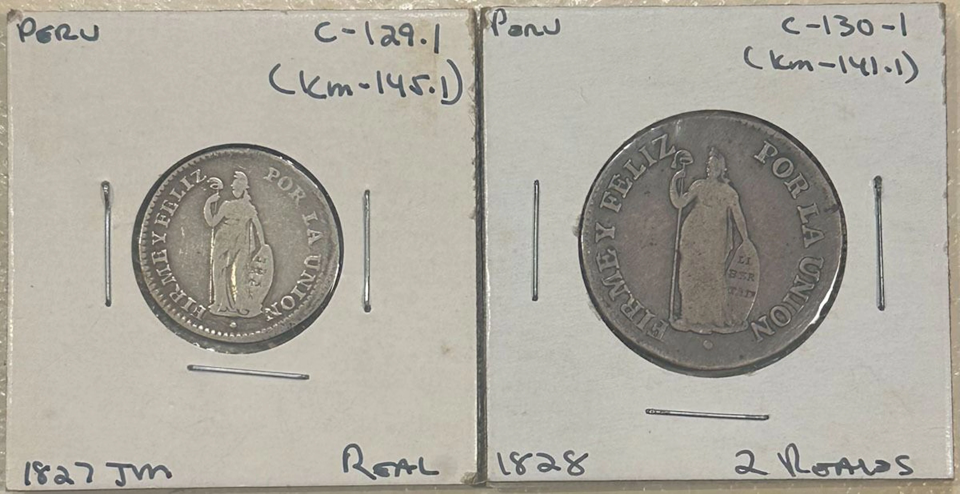 Peru, 1827-1828, 1 Real & 2 Reales Pair, C-129.1 & C-130-1 (KM-145.1