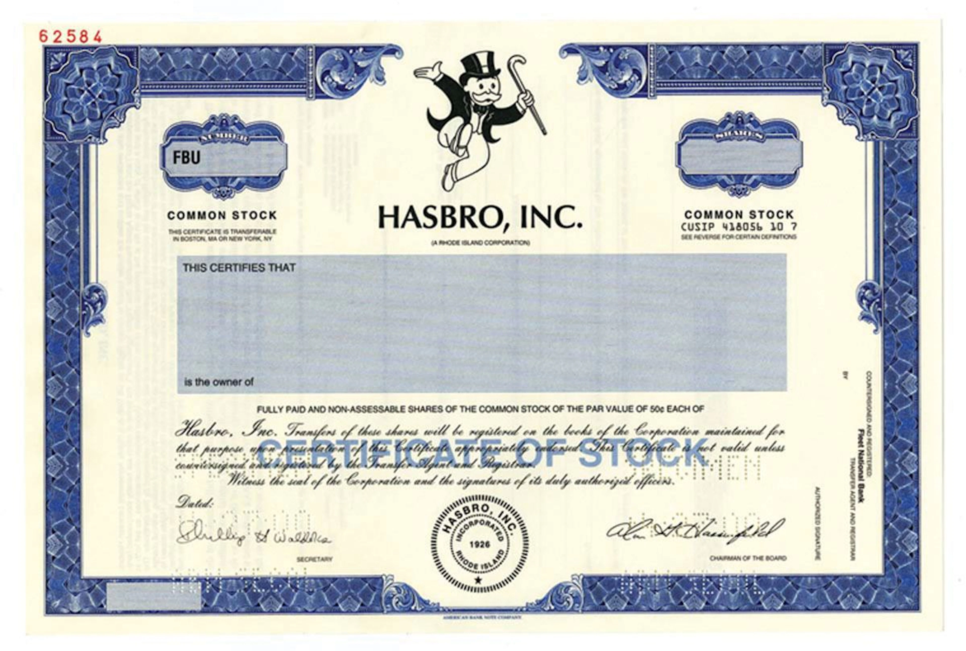 RI. Hasbro, Inc 2000 Specimen Stock Certificate odd Shrs XF ABN Monopoly