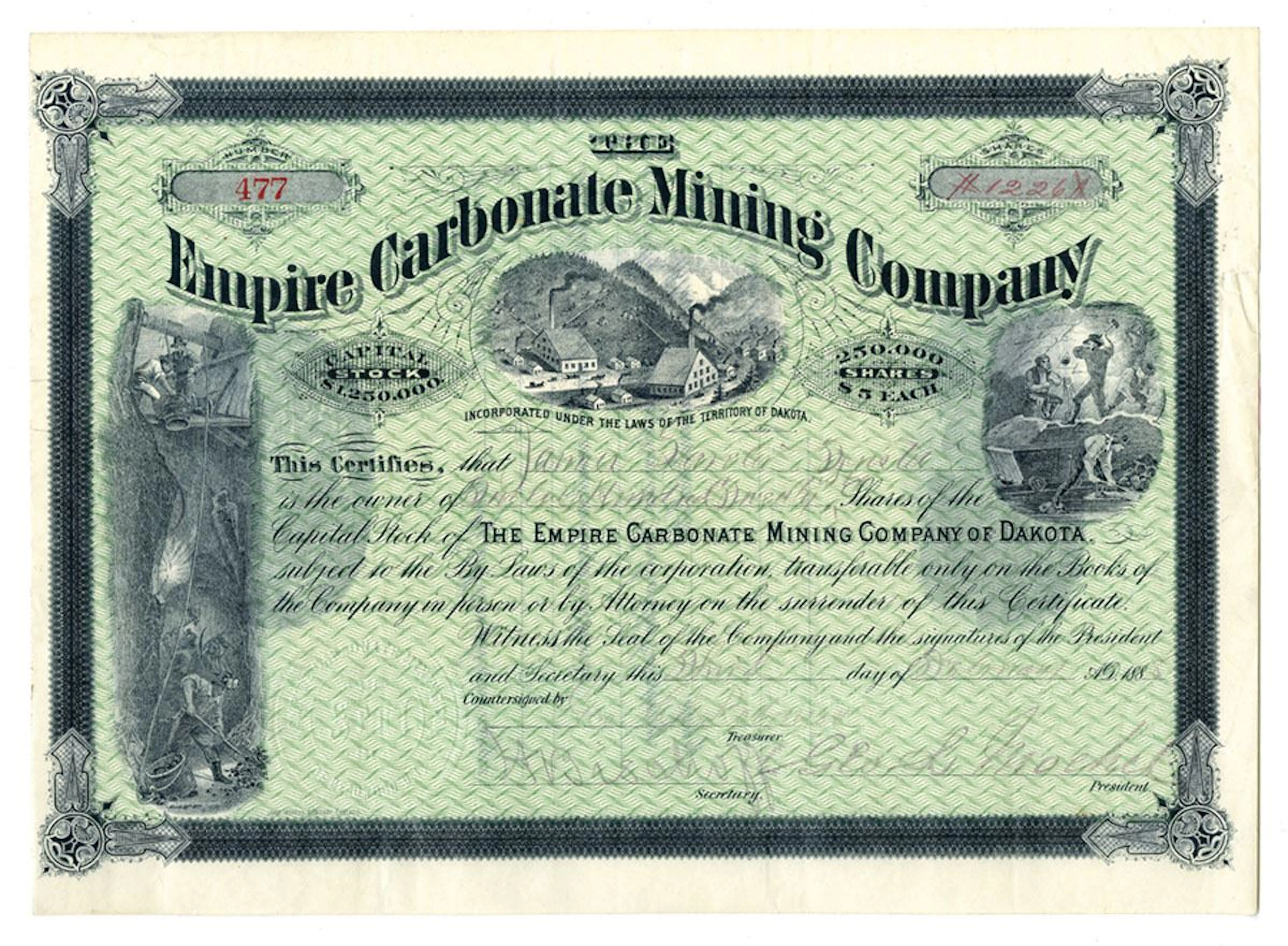 Dakota Territory. Empire Carbonate Mining Company of Dakota, 1881